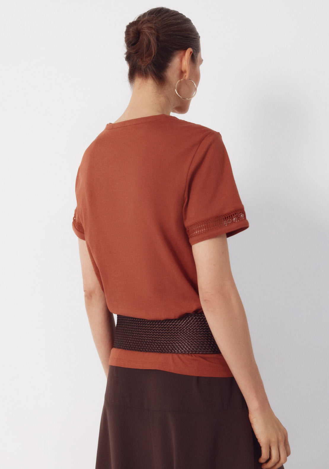 Cortefiel Hemstitch Detail Cotton T-Shirt - Brown 2 Shaws Department Stores