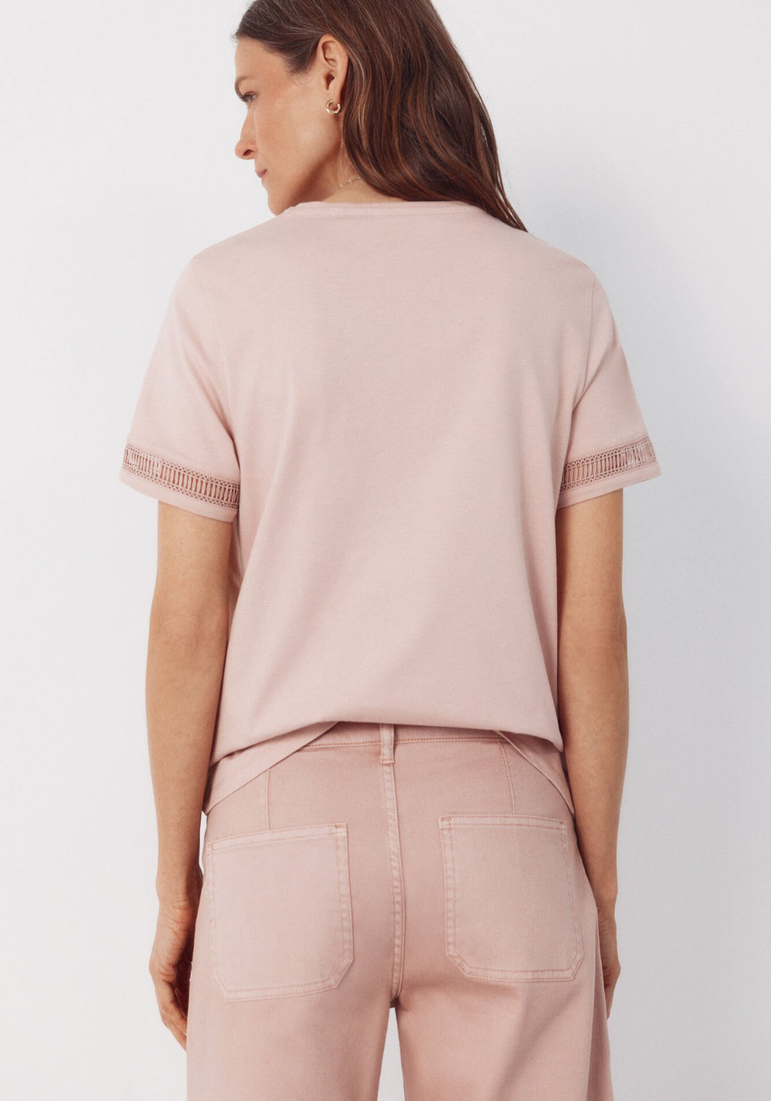 Cortefiel Hemstitch Detail Cotton T-Shirt - Pink 2 Shaws Department Stores