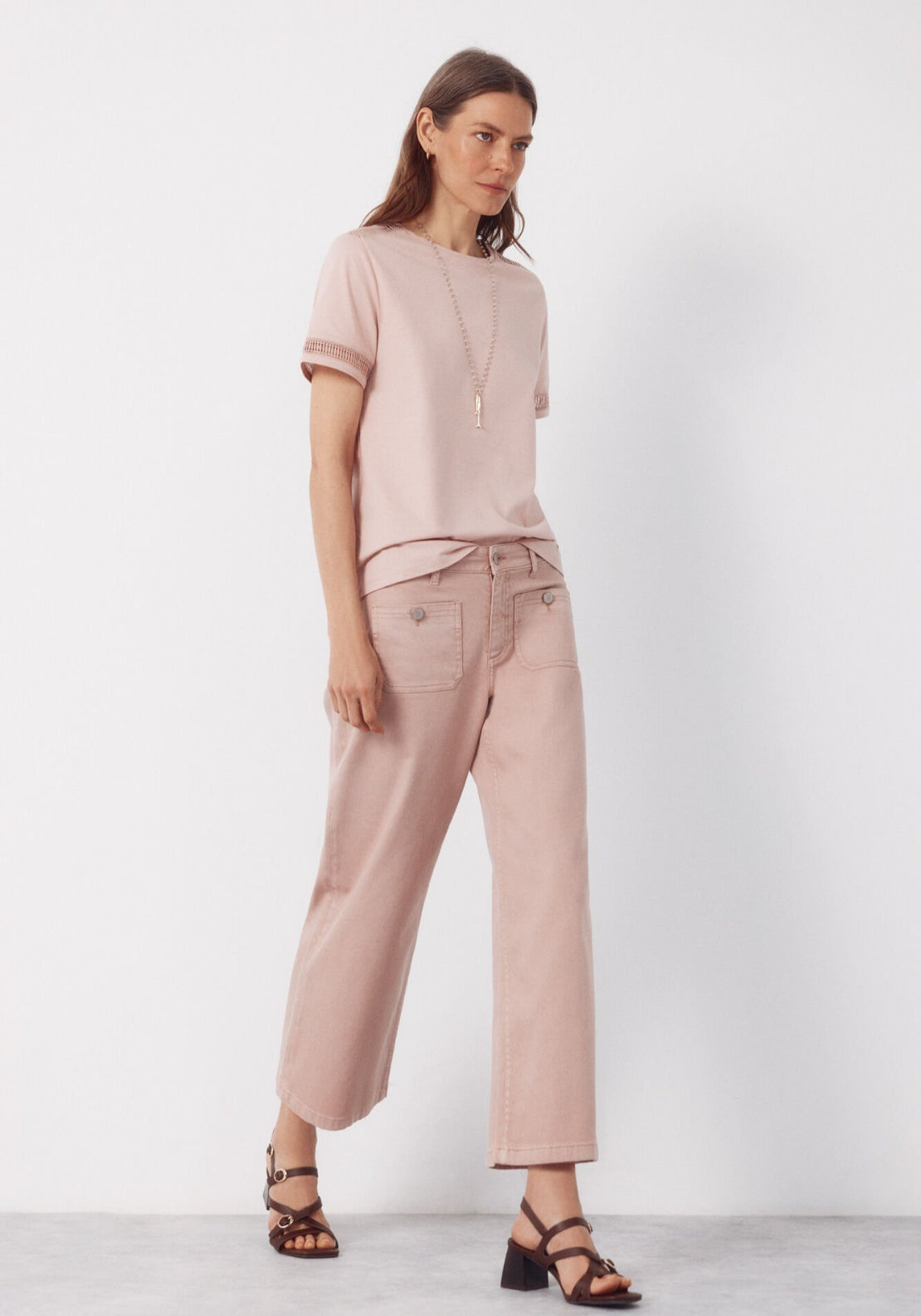 Cortefiel Hemstitch Detail Cotton T-Shirt - Pink 4 Shaws Department Stores