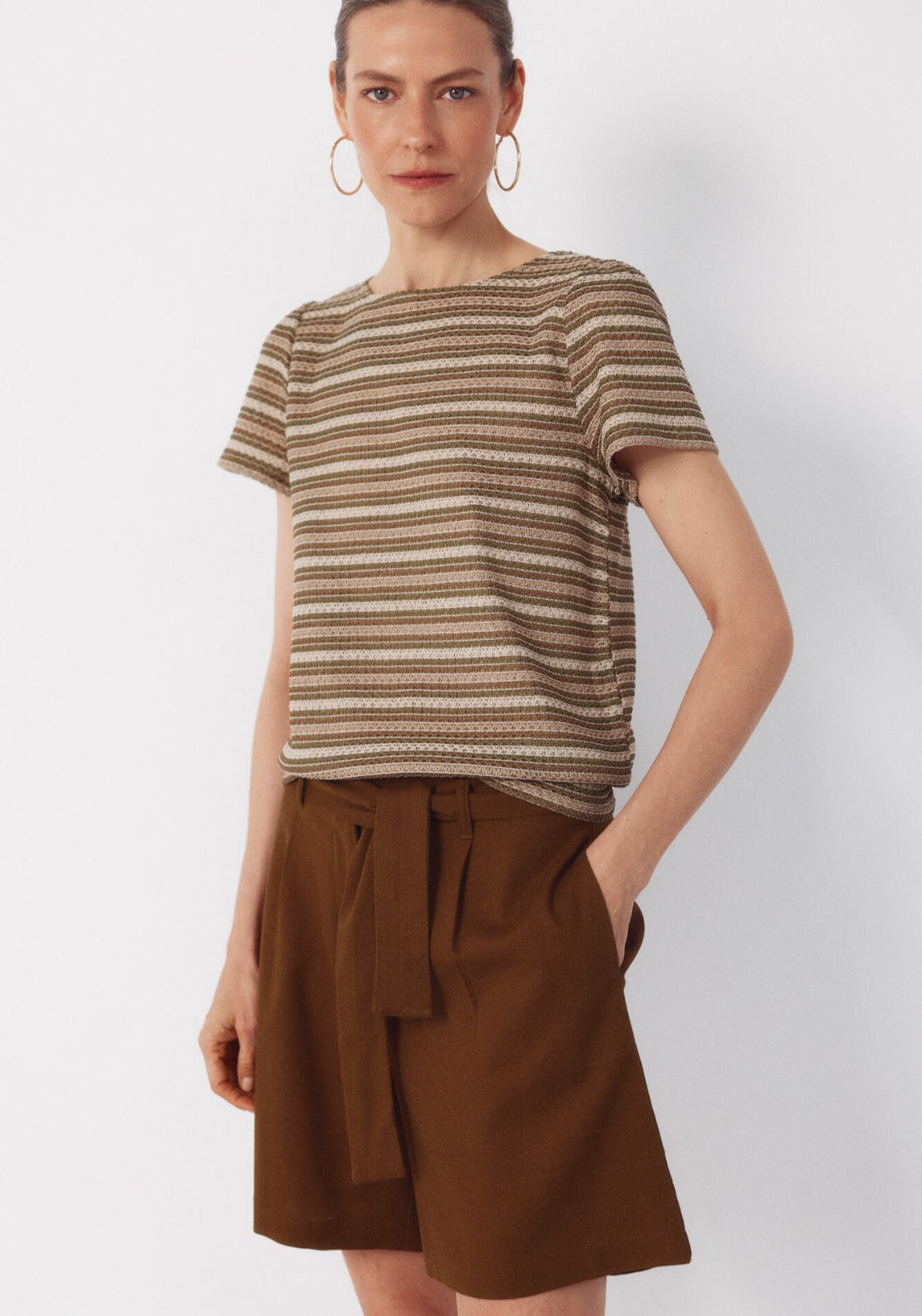 Cortefiel Striped Structured Top - Beige 1 Shaws Department Stores