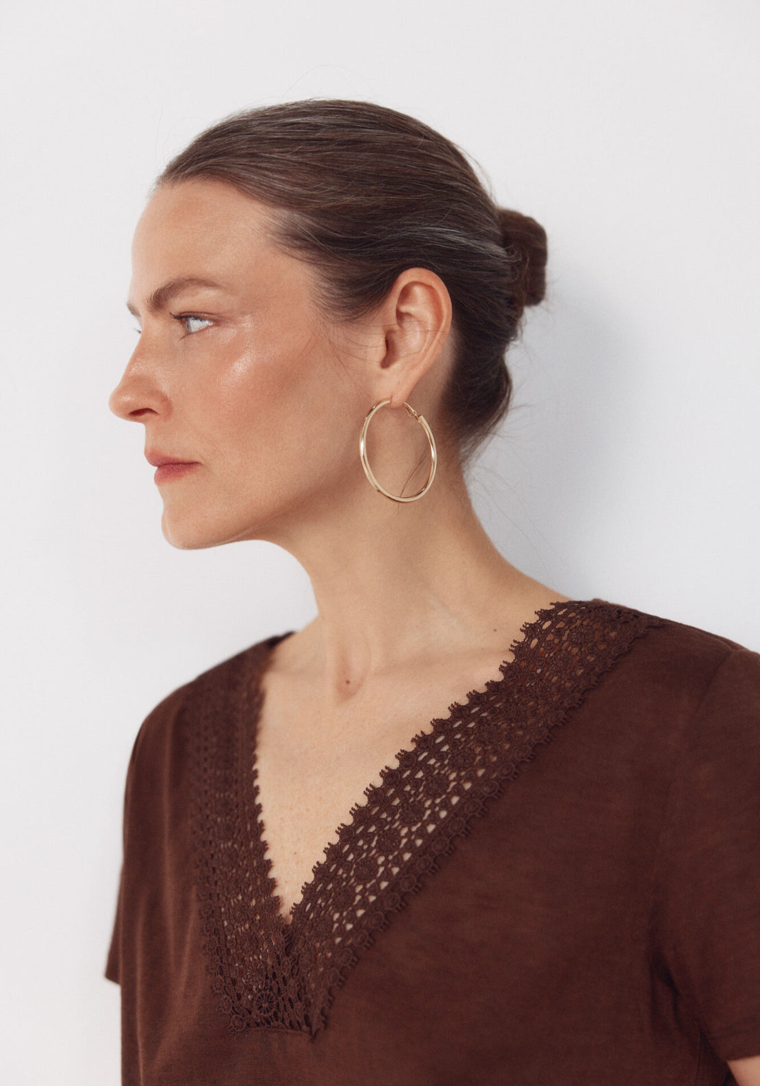 V Neck T Shirt With Trim - Light Brown