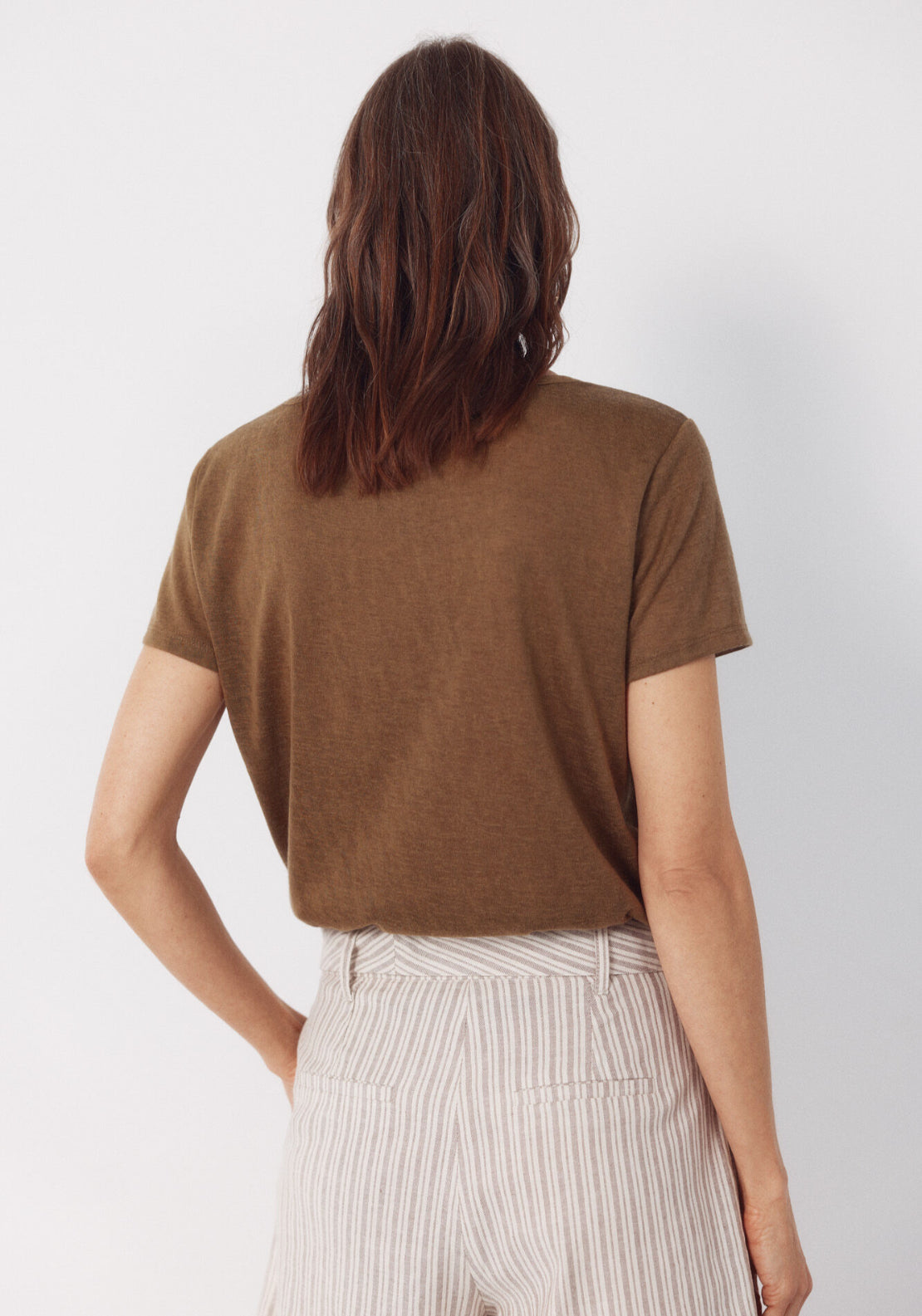 V Neck T Shirt With Trim - Light Khaki