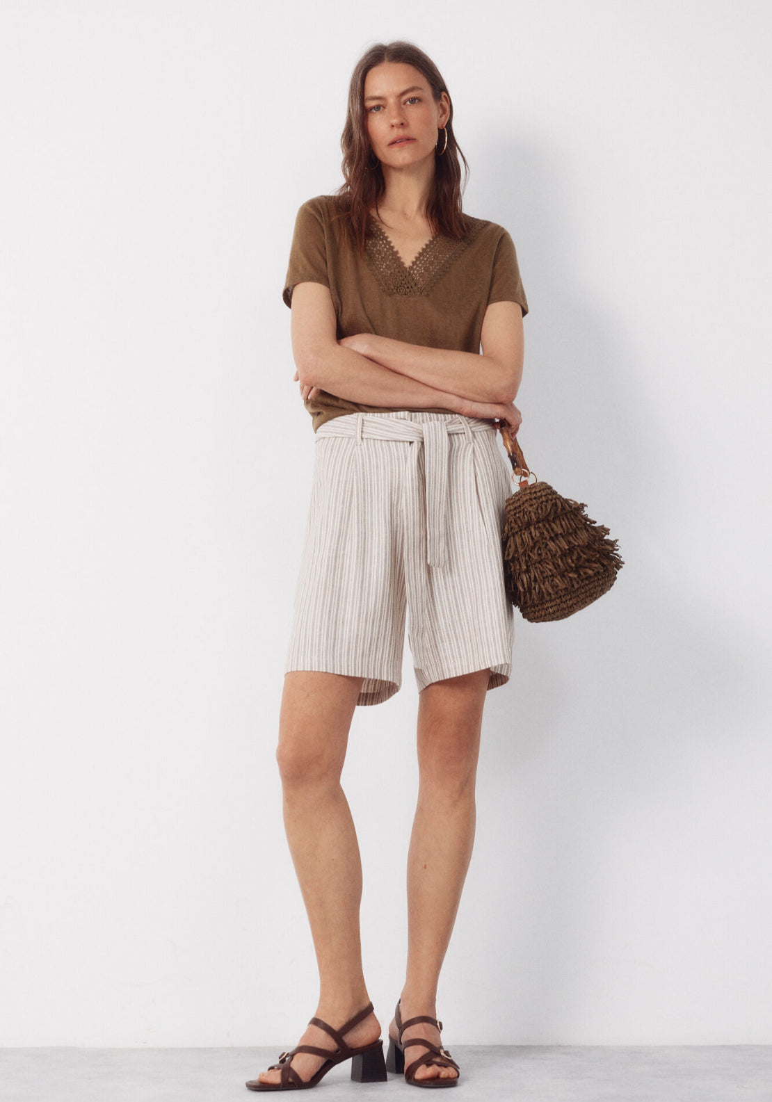 V Neck T Shirt With Trim - Light Khaki