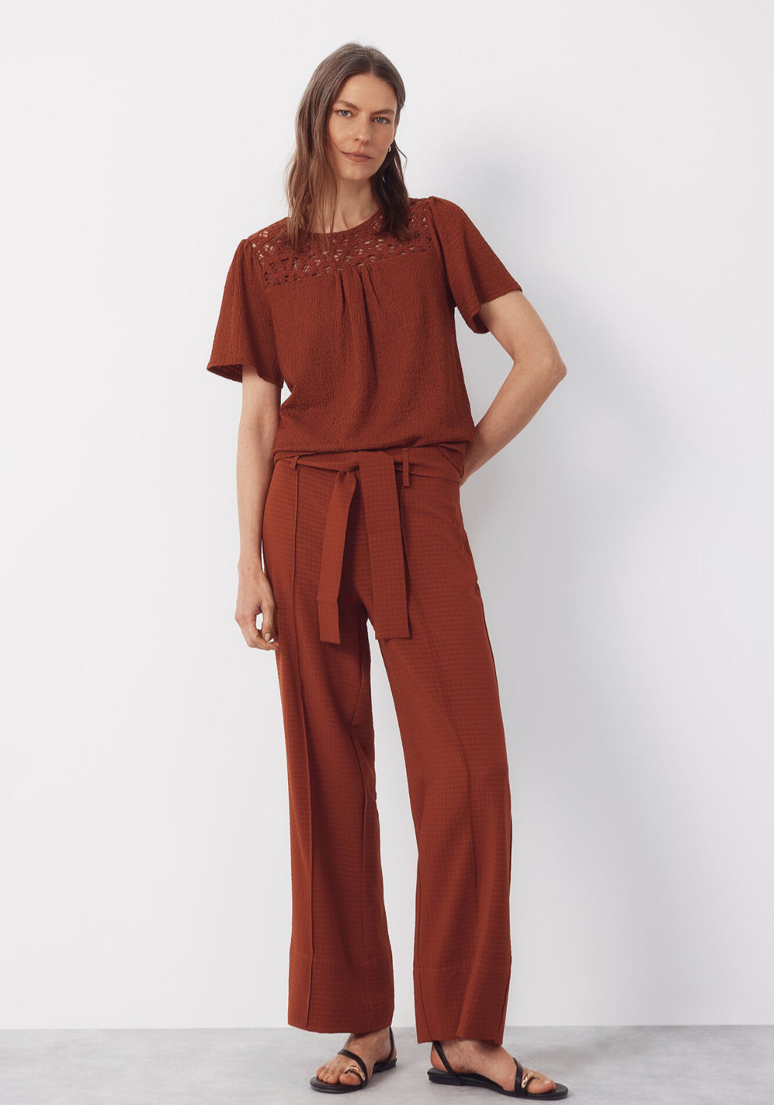 Cortefiel Combined Guipure Top - Brown 5 Shaws Department Stores