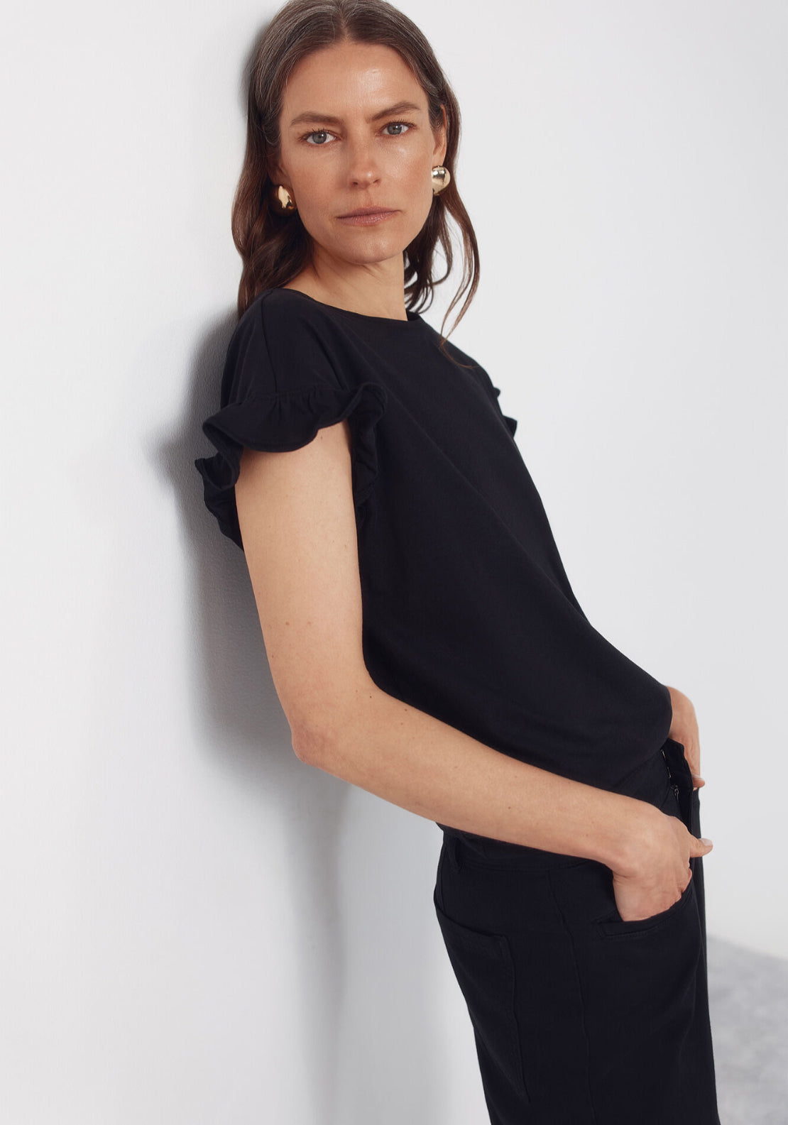 Essential Ruffle Cotton T-Shirt - Black