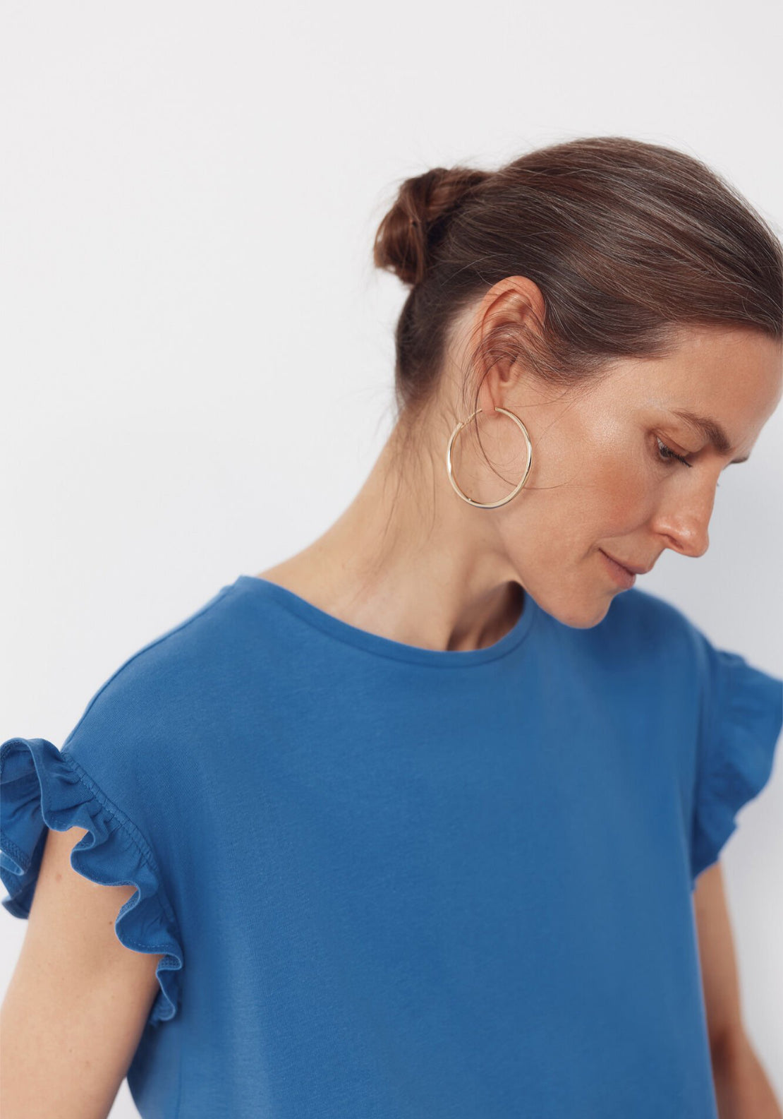 Cortefiel Essential Ruffle Cotton T-Shirt - Blue 3 Shaws Department Stores