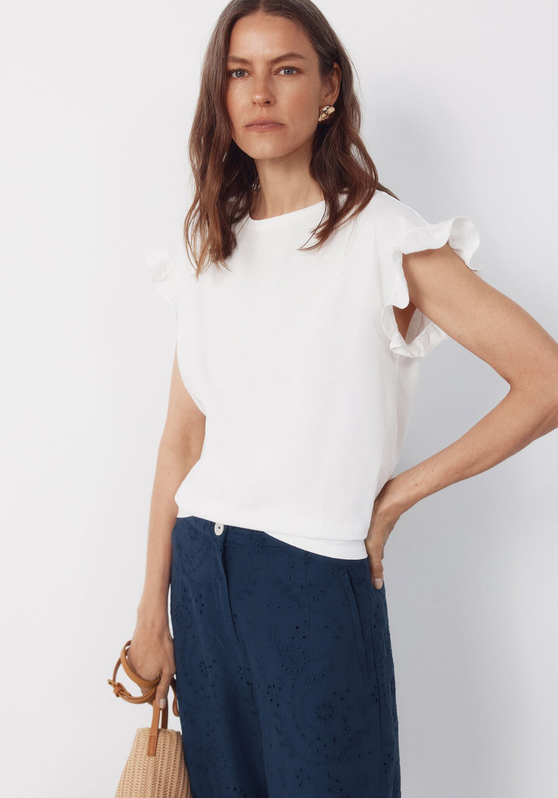 Cortefiel Essential Ruffle Cotton T-Shirt - White 1 Shaws Department Stores