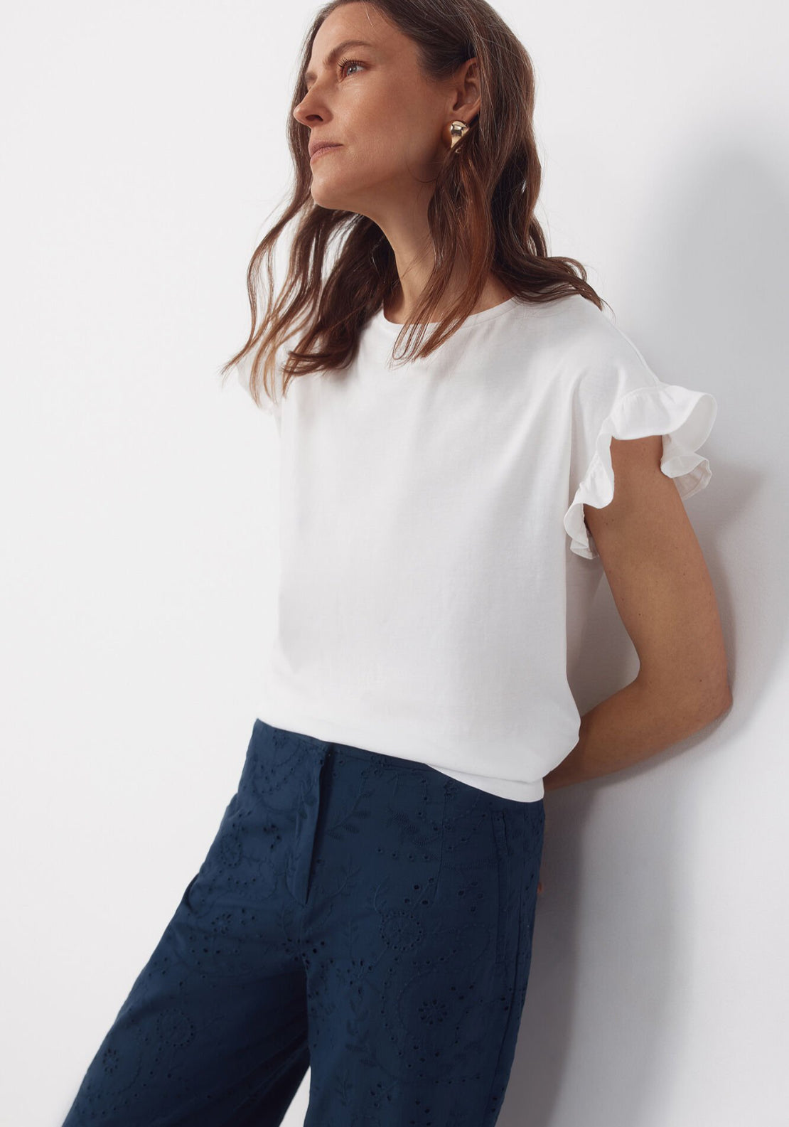Cortefiel Essential Ruffle Cotton T-Shirt - White 3 Shaws Department Stores