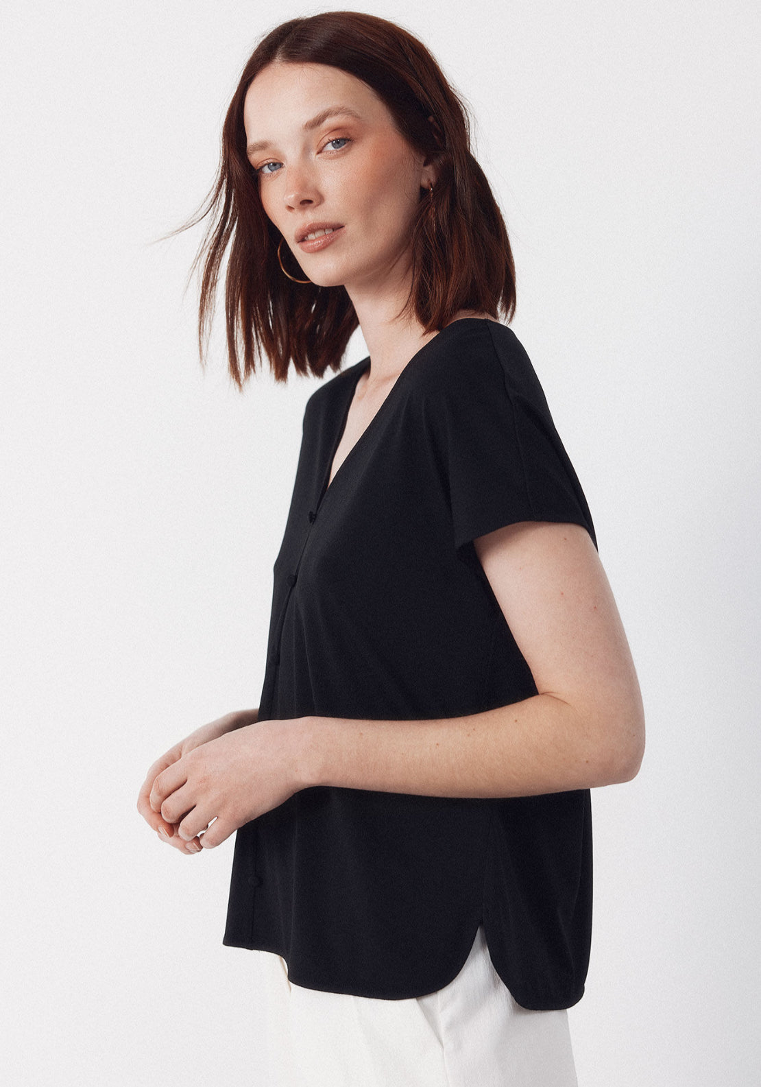 V- Buttons Neckline V - Black