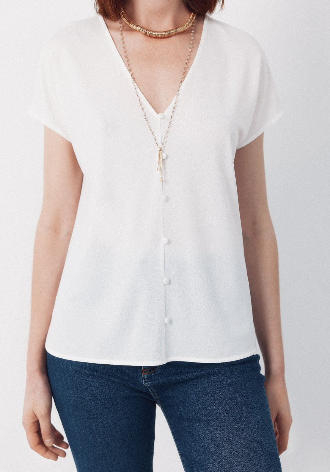Cortefiel V- Buttons Neckline V - White 3 Shaws Department Stores