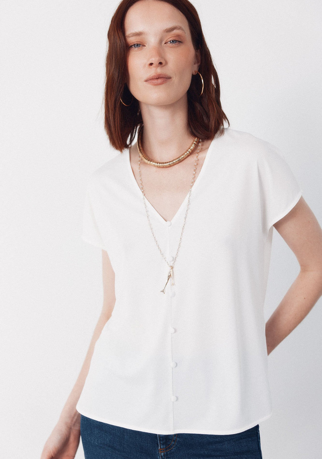 Cortefiel V- Buttons Neckline V - White 1 Shaws Department Stores