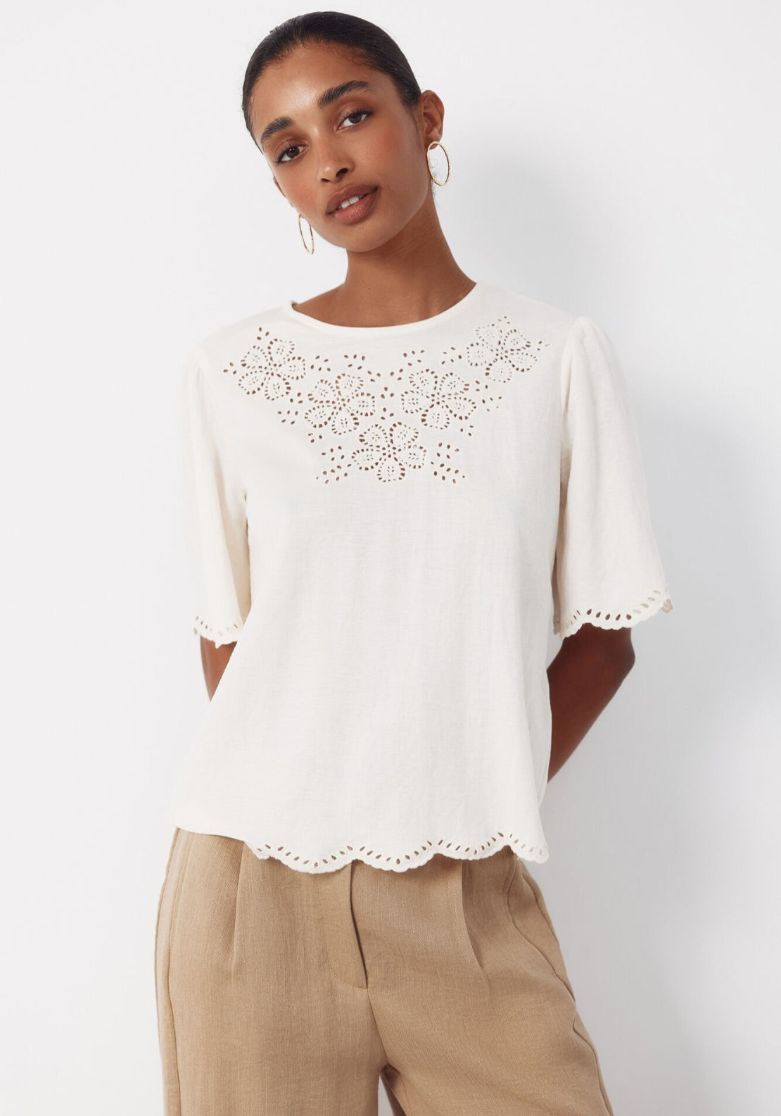 Cortefiel Embroidered T-Shirt - Cream 1 Shaws Department Stores