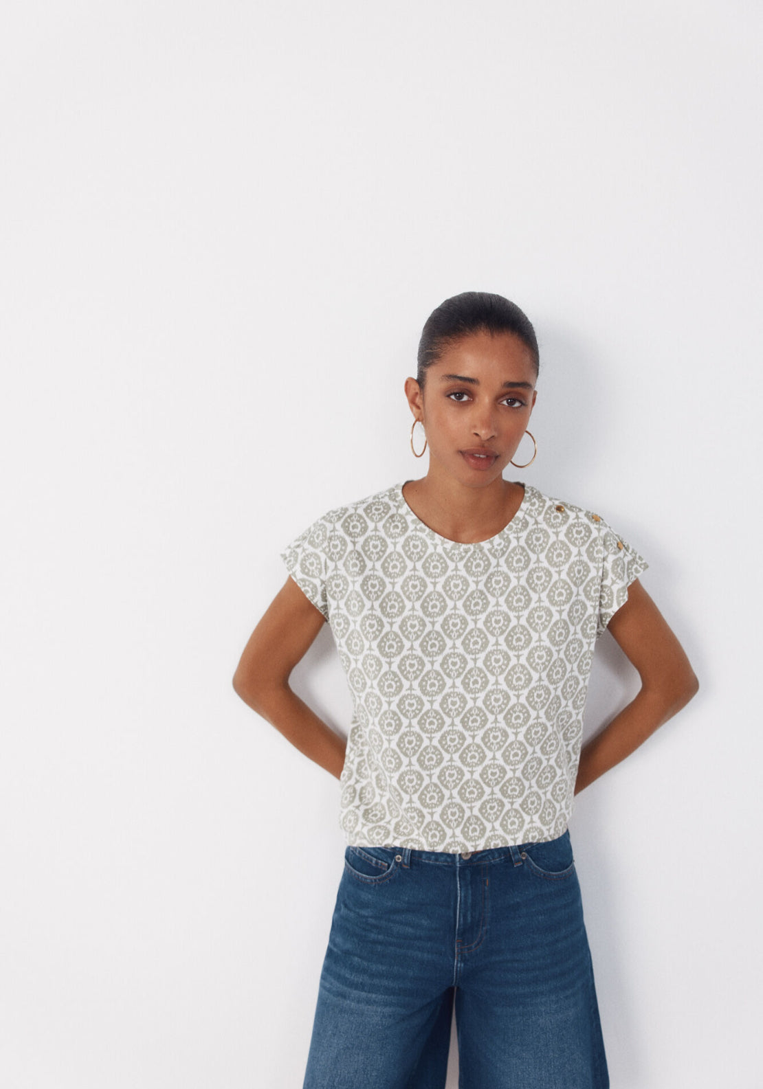 Cortefiel Basic Cotton T-Shirt With Gold Buttons - Brown Print 1 Shaws Department Stores