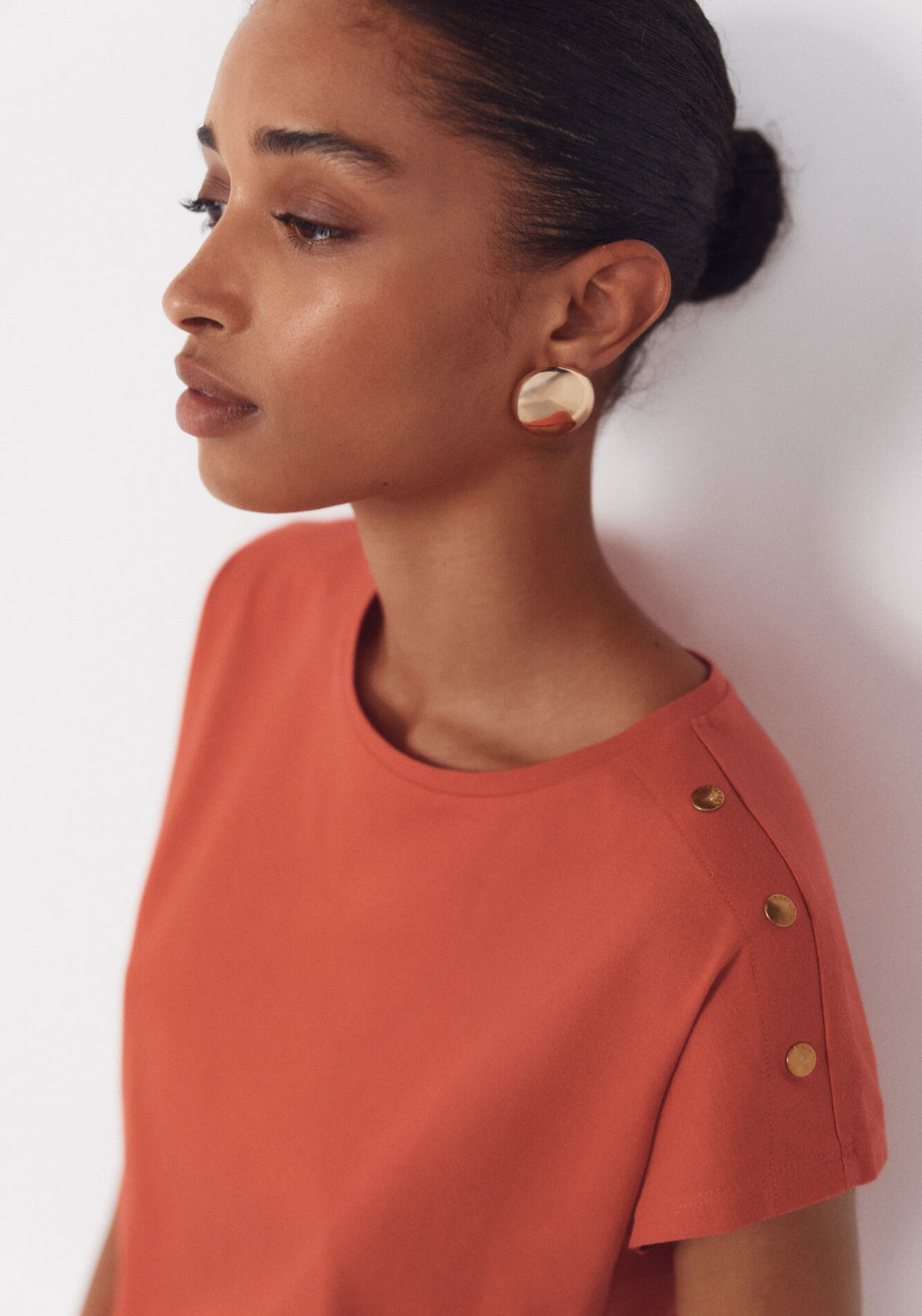 Cortefiel Basic Cotton T-Shirt With Gold Buttons - Red/coral 3 Shaws Department Stores
