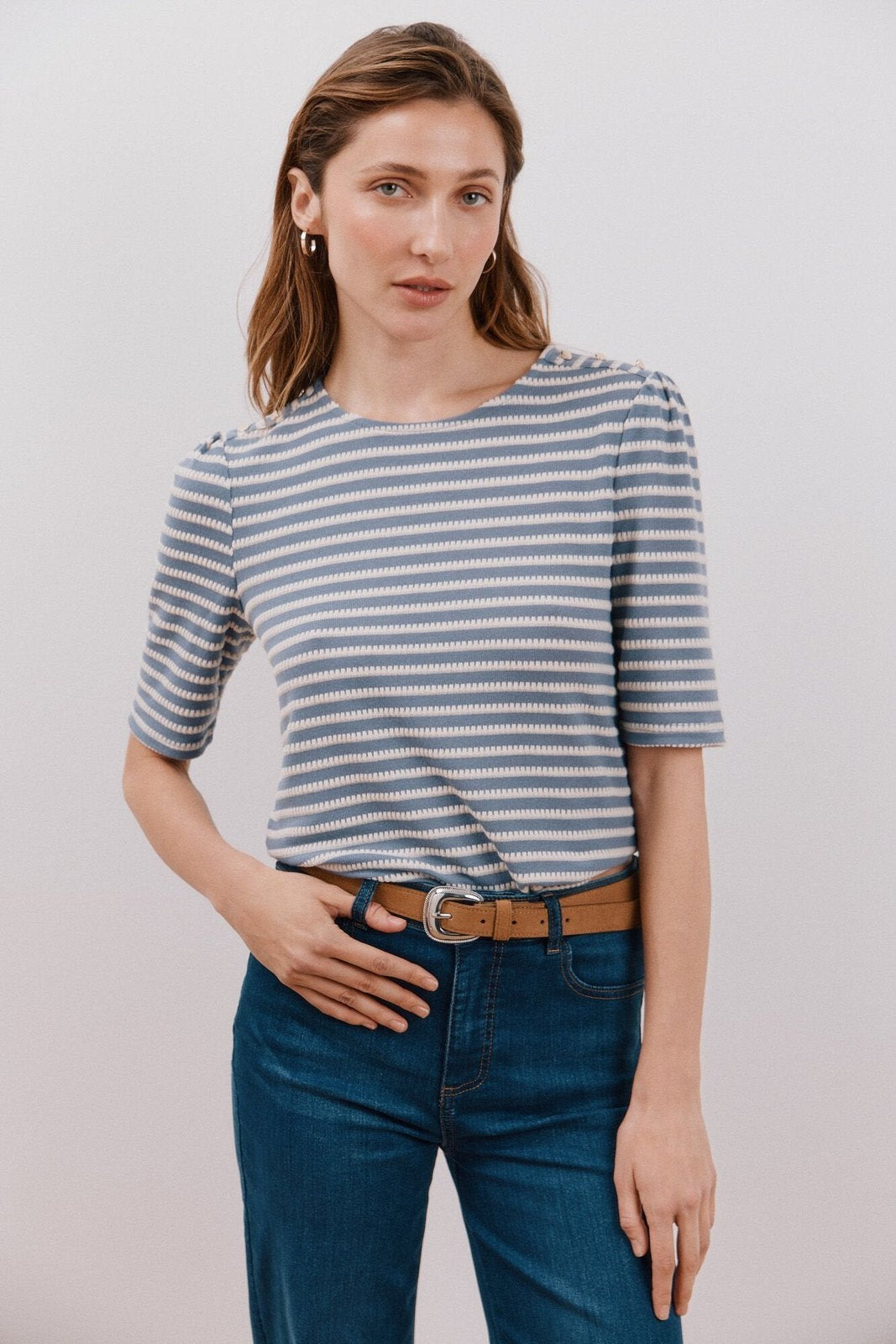 Cortefiel Striped structured t-shirt - Medium Blue 1 Shaws Department Stores