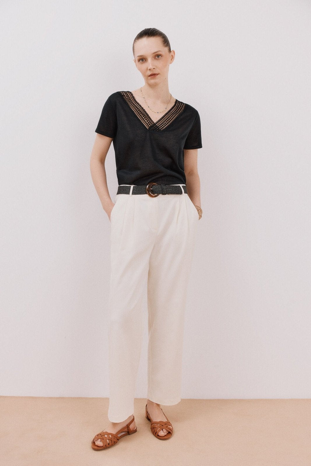 Cortefiel V -Shirt With Trimmings - Black 2 Shaws Department Stores