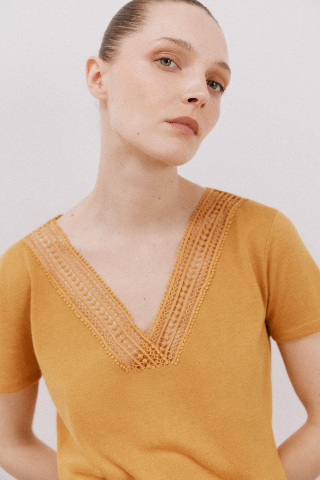 Cortefiel V -Shirt With Trimmings - Yellow/gold 3 Shaws Department Stores