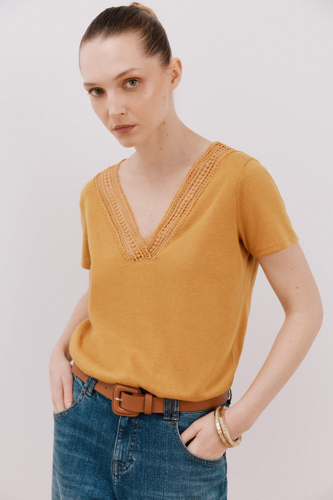 Cortefiel V -Shirt With Trimmings - Yellow/gold 1 Shaws Department Stores