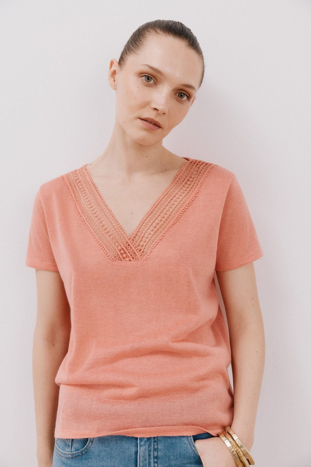 Cortefiel V -Shirt With Trimmings - Coral 1 Shaws Department Stores