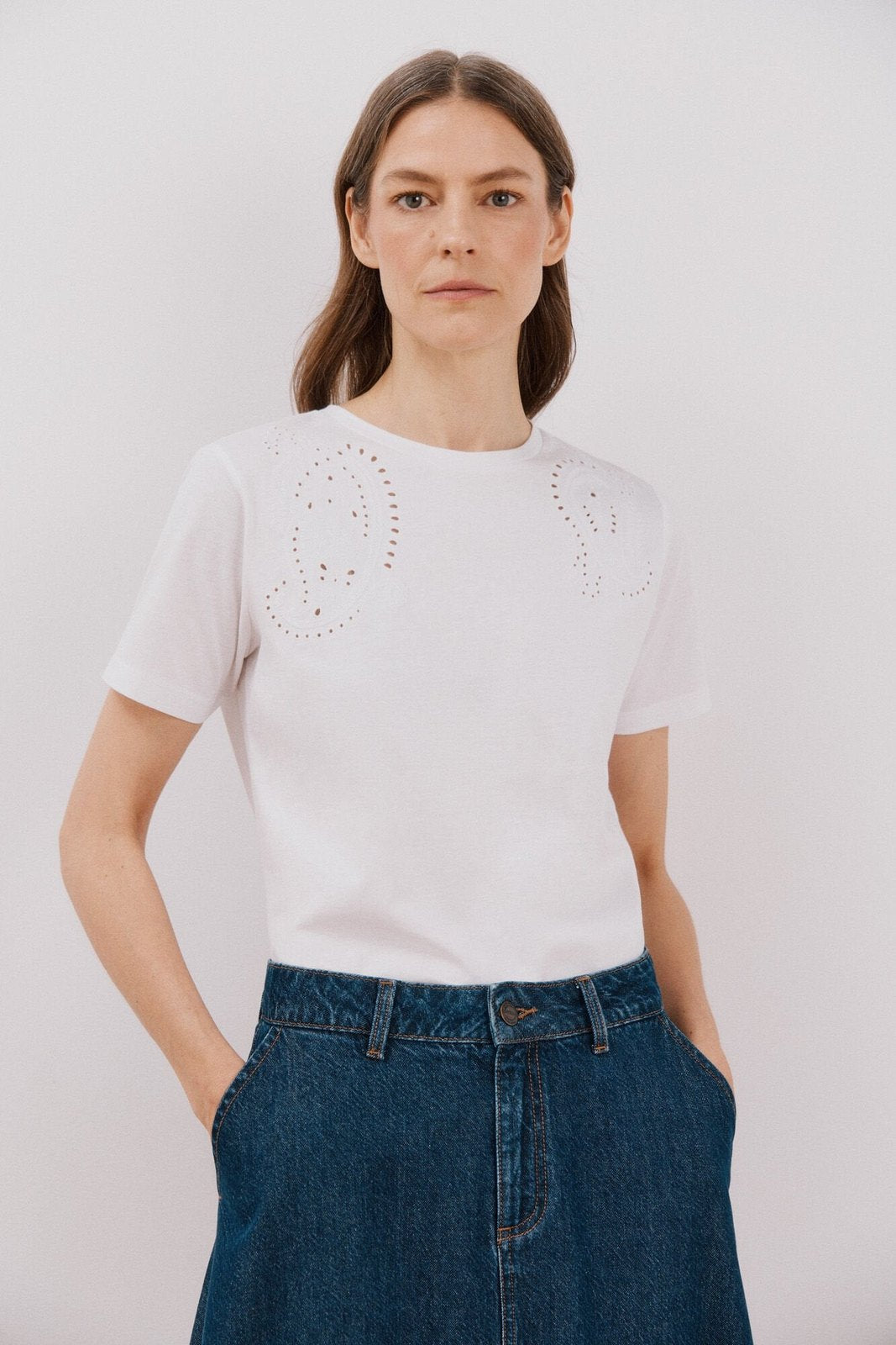 Cortefiel Embroidered T-Shirt - White 1 Shaws Department Stores