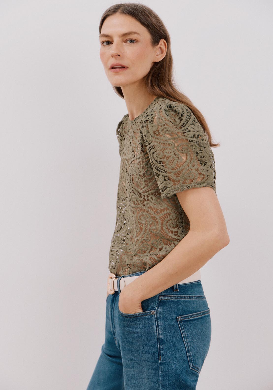 Cortefiel Top Guipur - Light Khaki 3 Shaws Department Stores