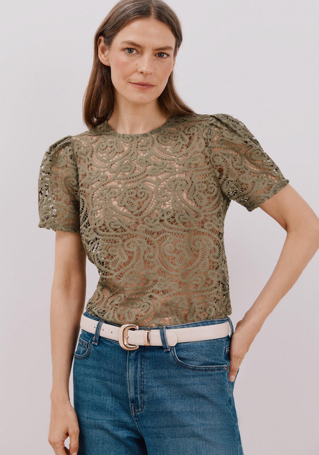 Cortefiel Top Guipur - Light Khaki 1 Shaws Department Stores