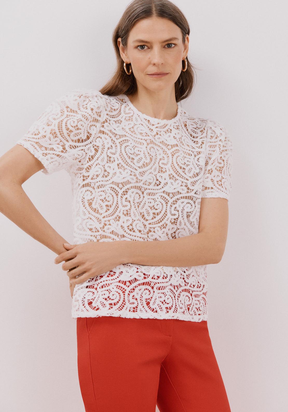Cortefiel Top Guipur - White 1 Shaws Department Stores
