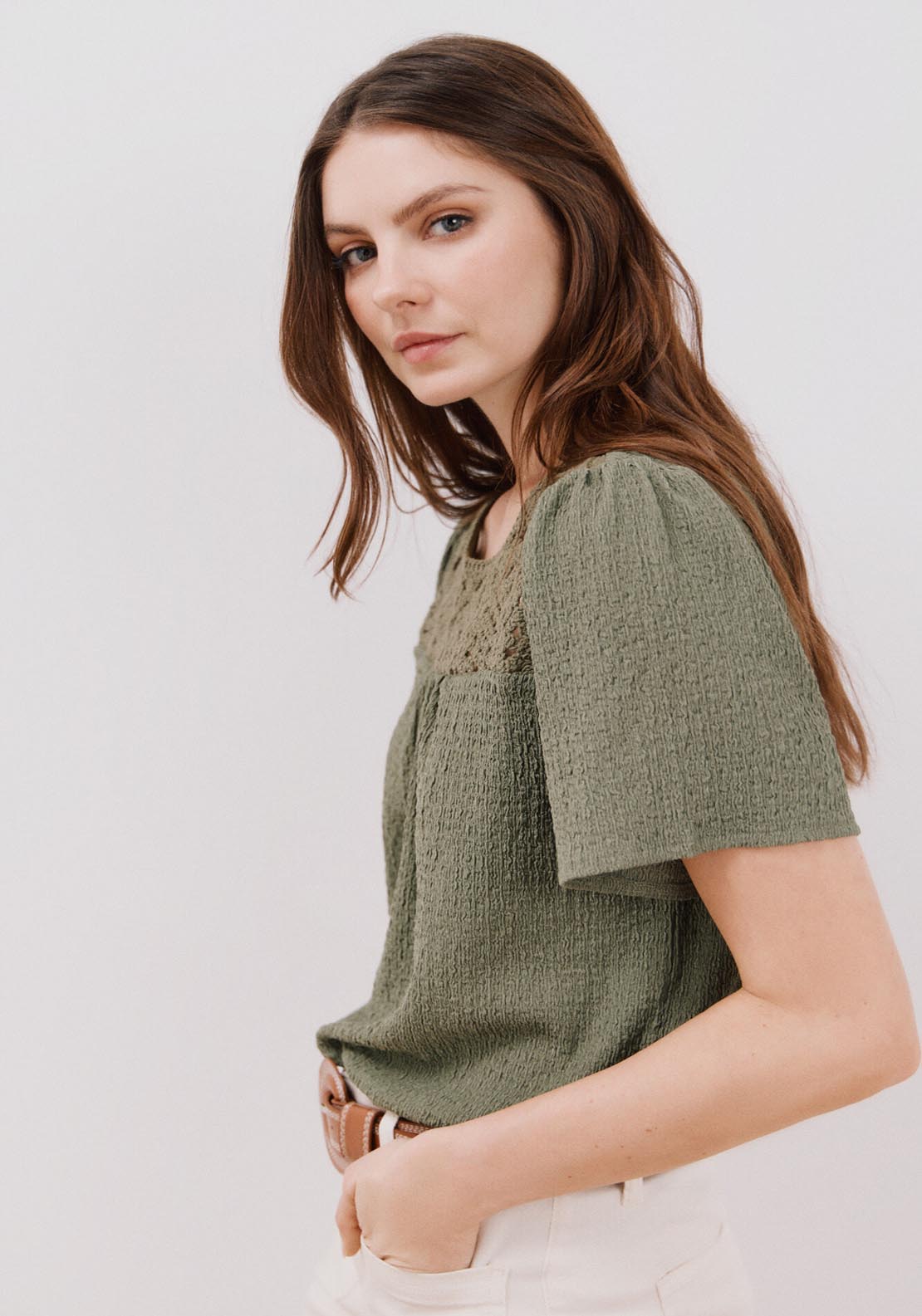 Cortefiel Combined Guipure Top - Light Khaki 4 Shaws Department Stores