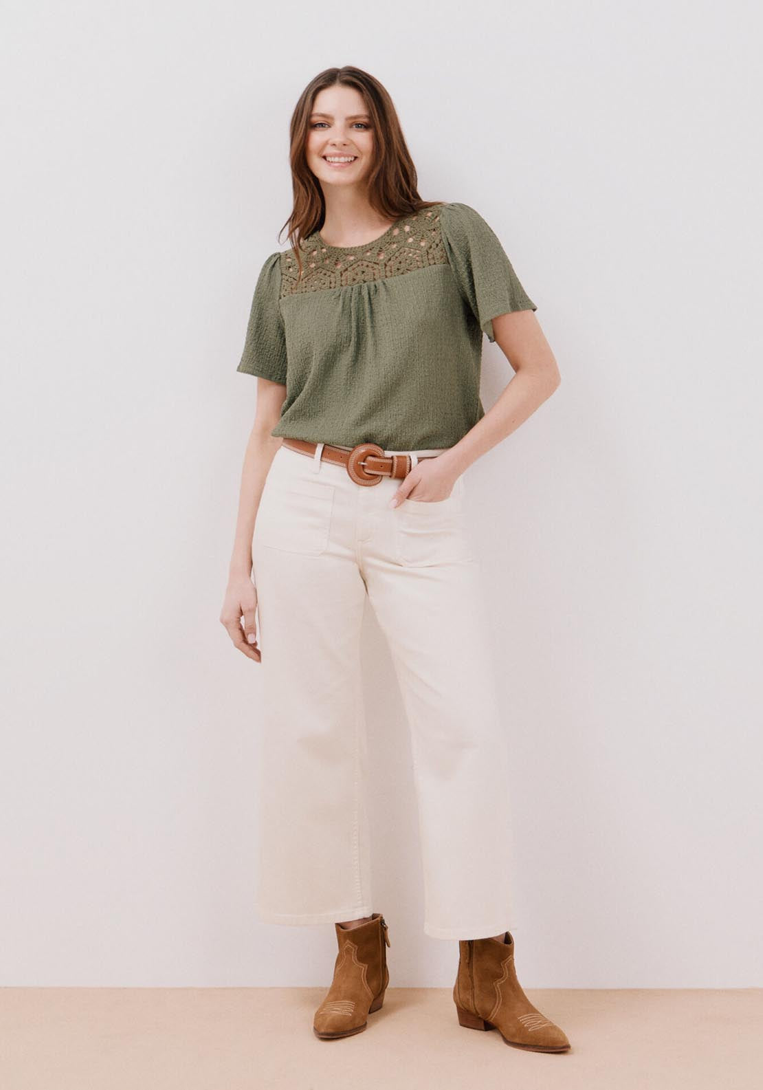 Cortefiel Combined Guipure Top - Light Khaki 5 Shaws Department Stores