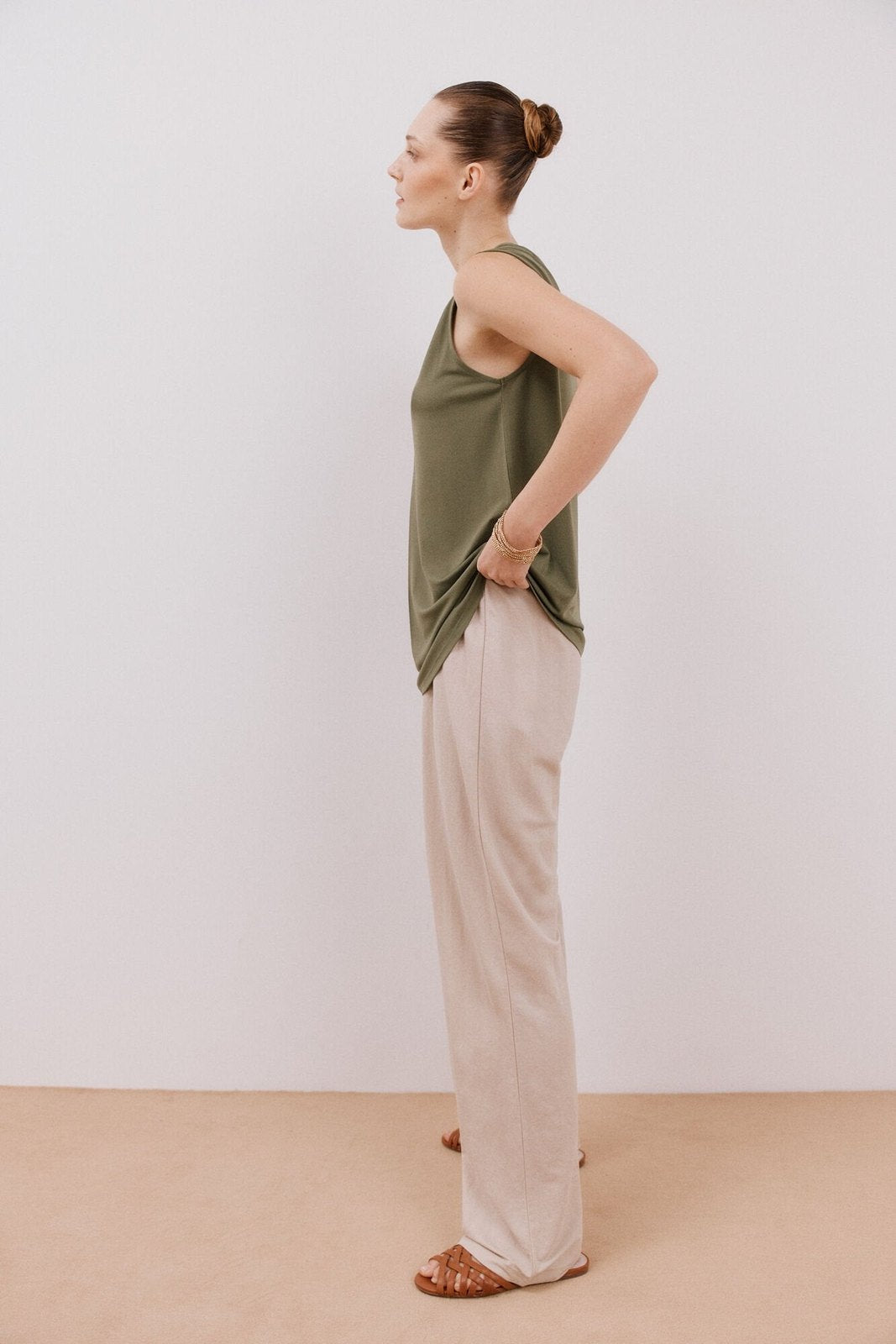 Cortefiel Long Pleated Top - Light Khaki 3 Shaws Department Stores