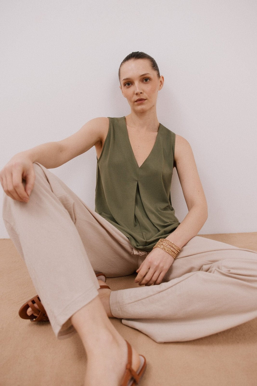Cortefiel Long Pleated Top - Light Khaki 1 Shaws Department Stores