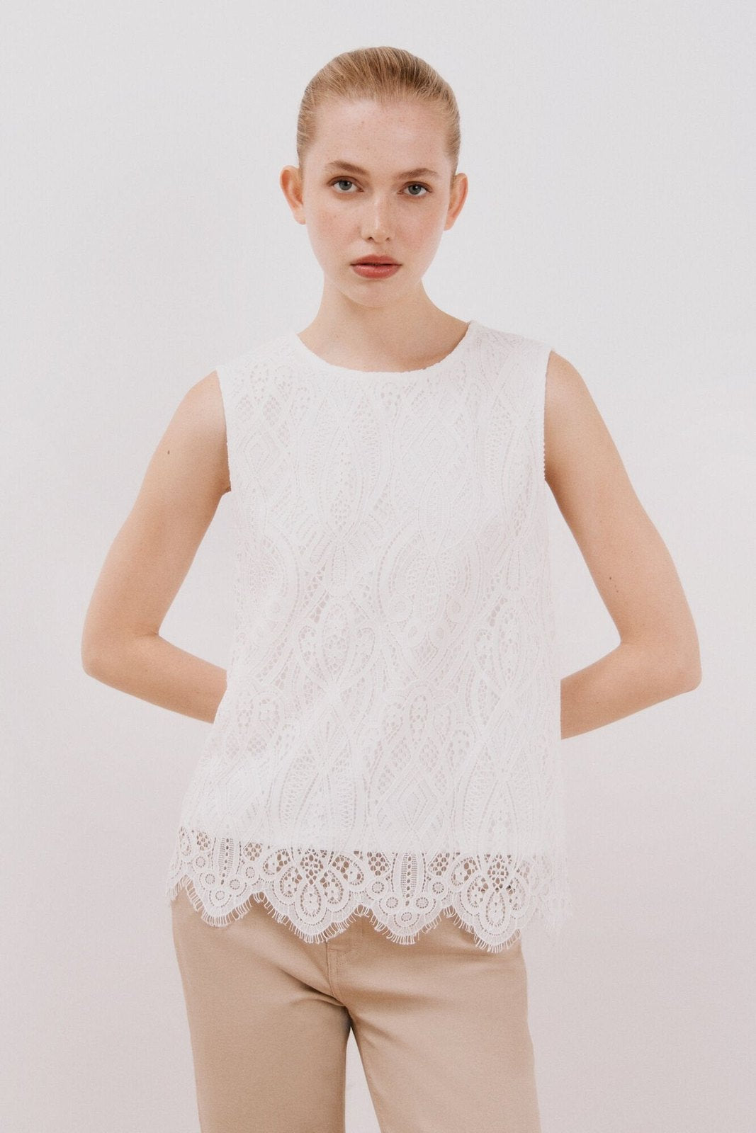 Cortefiel Top Guipur - White 1 Shaws Department Stores
