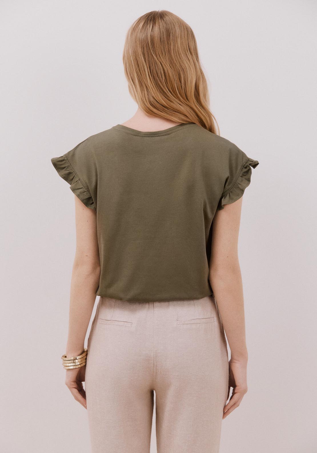 Cortefiel Essential Ruffle T-Shirt - Light Khaki 5 Shaws Department Stores