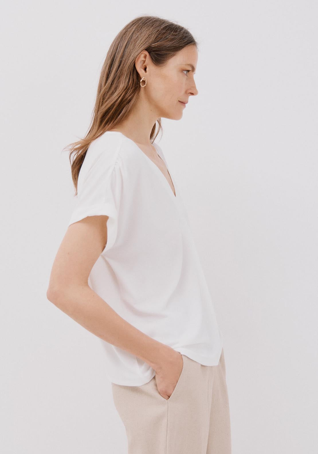 Cortefiel Printed V Top - Ivory 3 Shaws Department Stores
