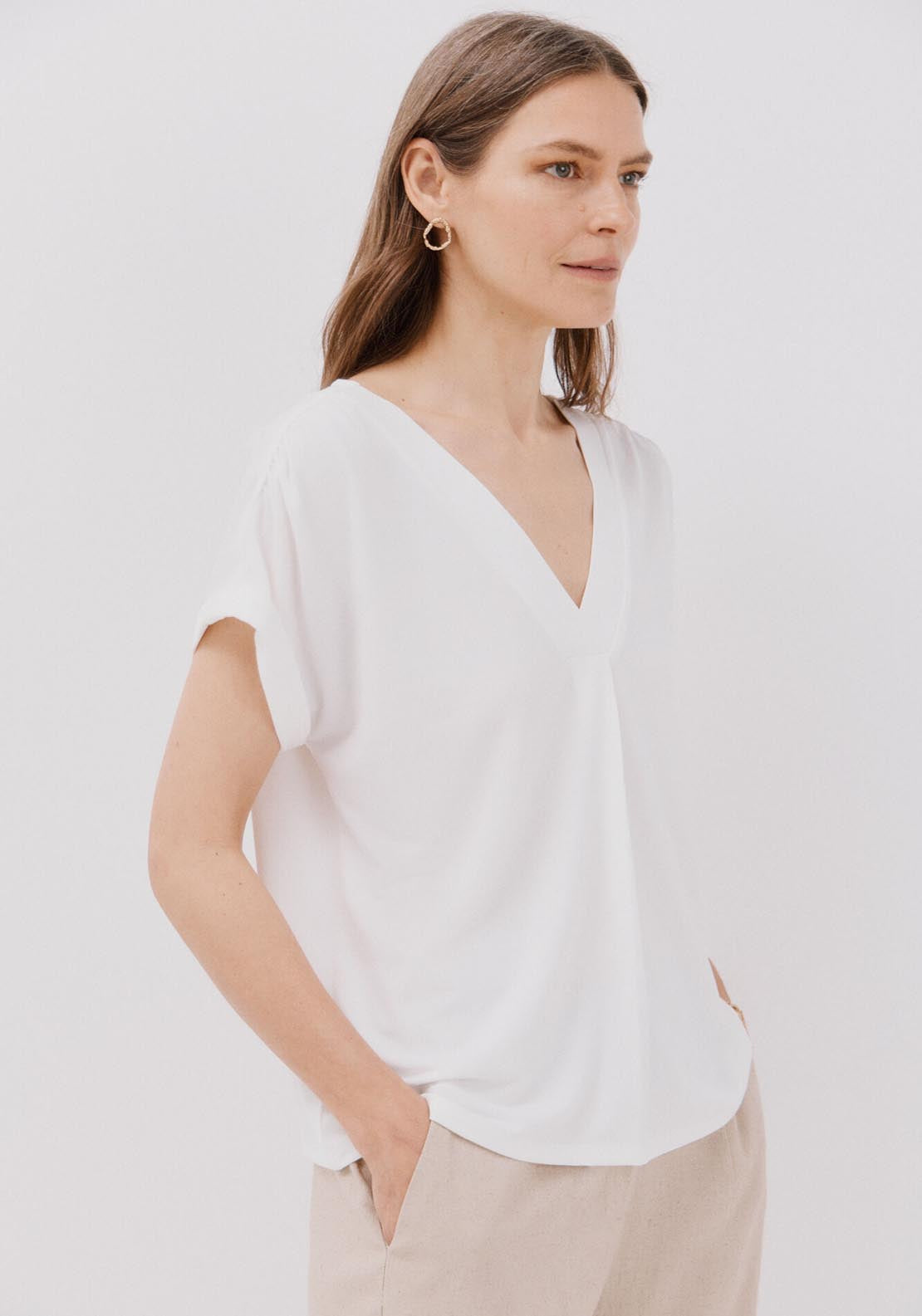 Cortefiel Printed V Top - Ivory 1 Shaws Department Stores