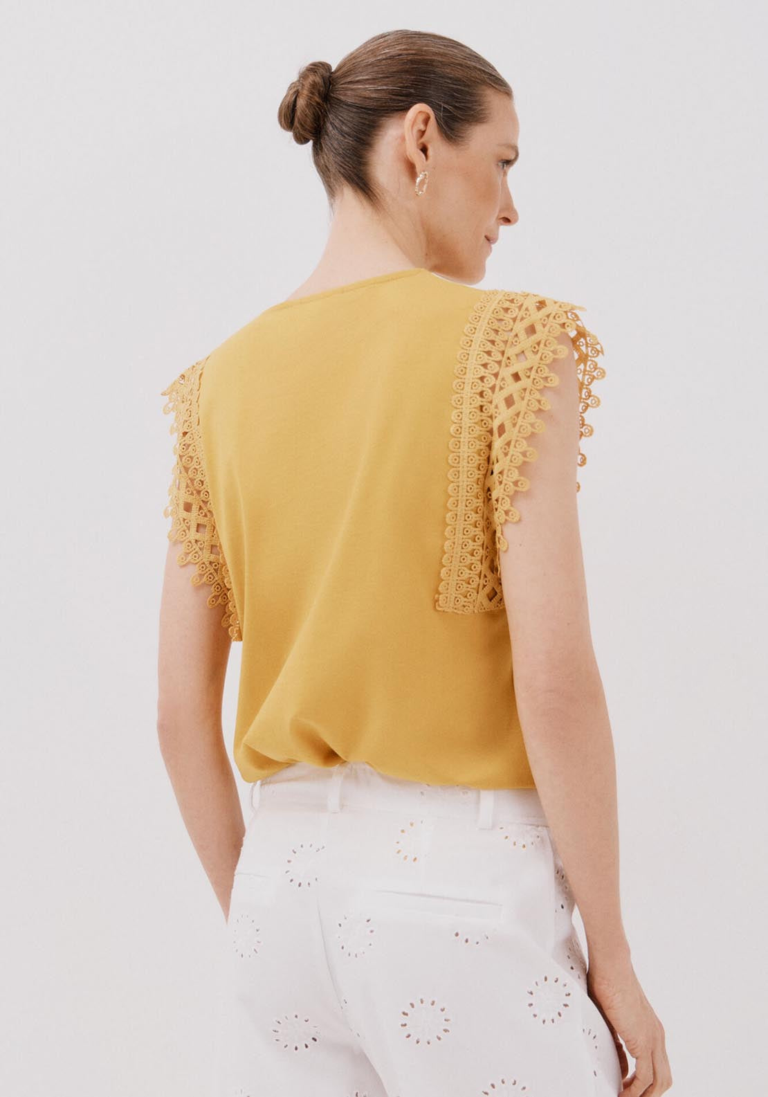 Cortefiel Guipure Sleeve -Shirt - Yellow 2 Shaws Department Stores