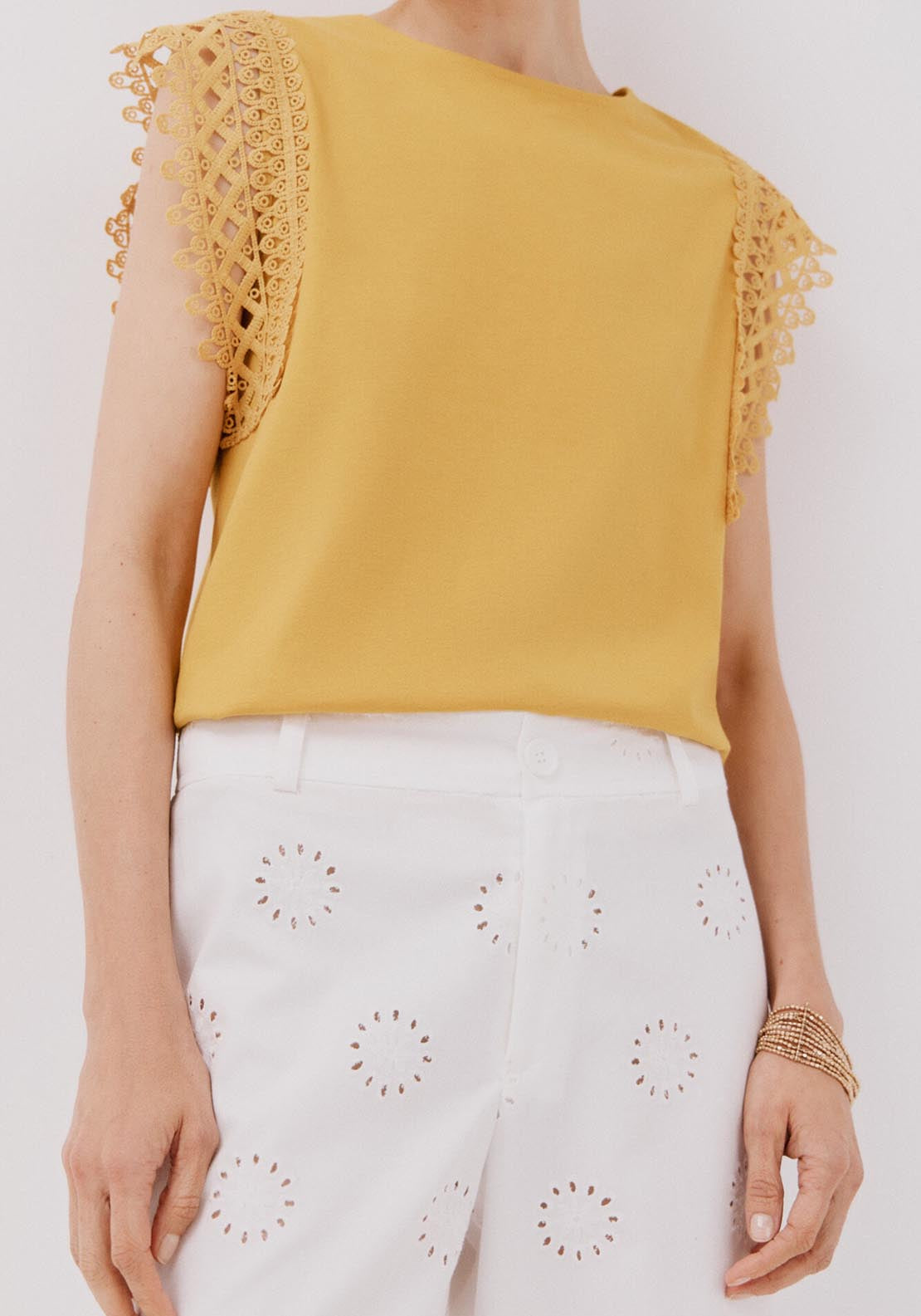 Cortefiel Guipure Sleeve -Shirt - Yellow 4 Shaws Department Stores