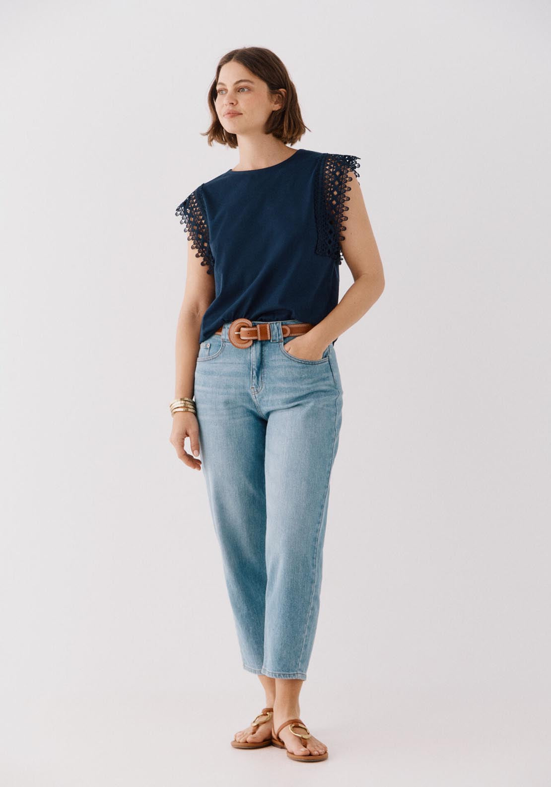 Cortefiel Guipure Sleeve -Shirt - Navy 3 Shaws Department Stores