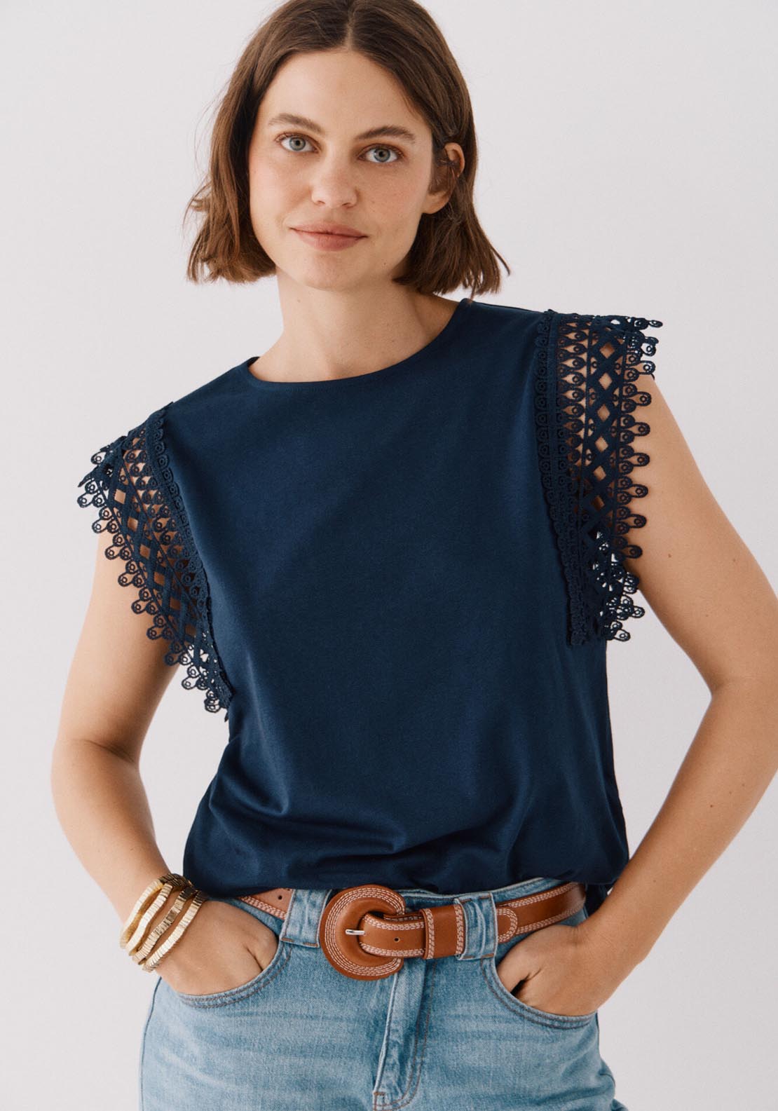 Cortefiel Guipure Sleeve -Shirt - Navy 1 Shaws Department Stores