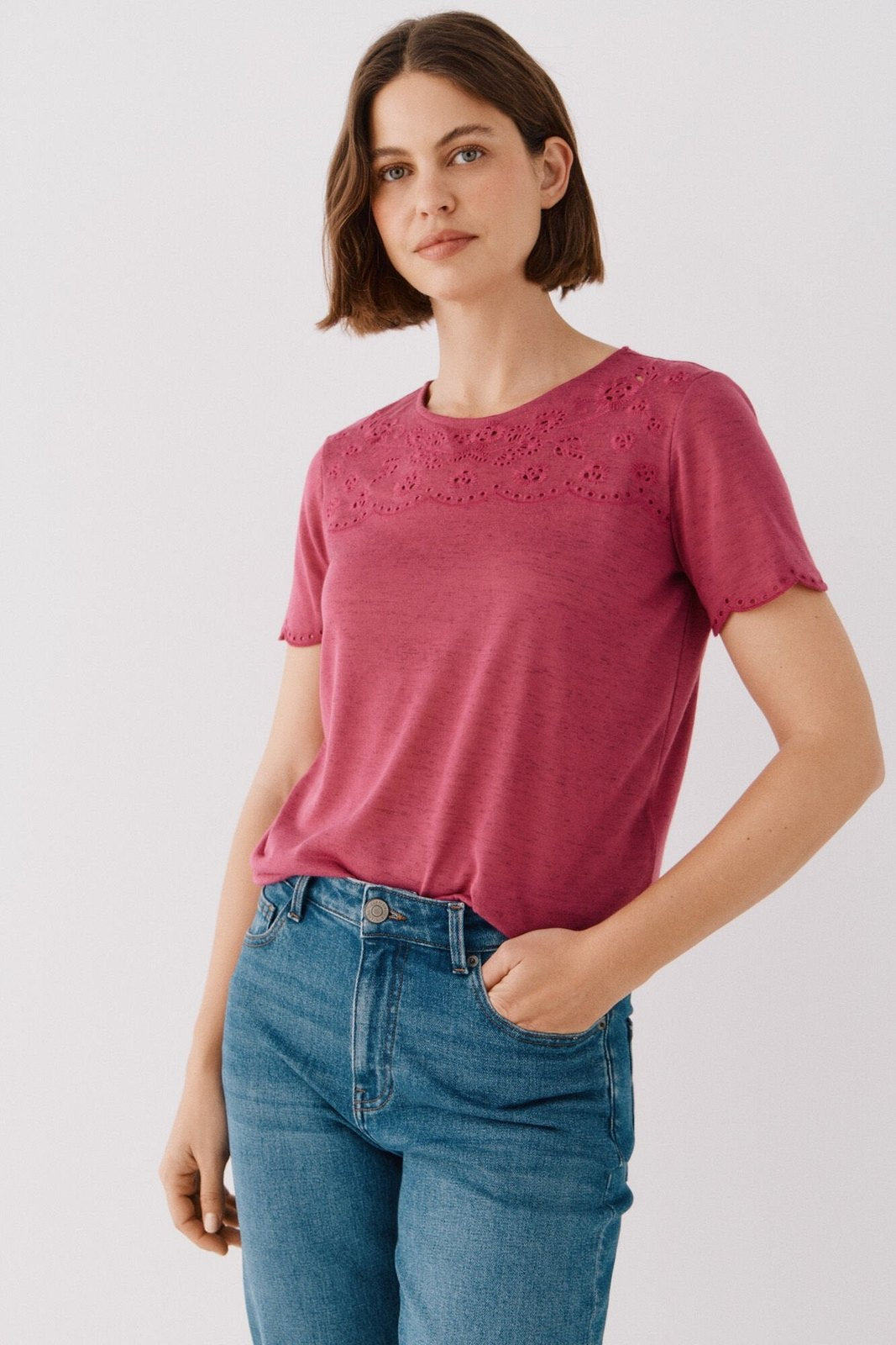 Cortefiel Embroidered T-Shirt - Purple/lilac 1 Shaws Department Stores