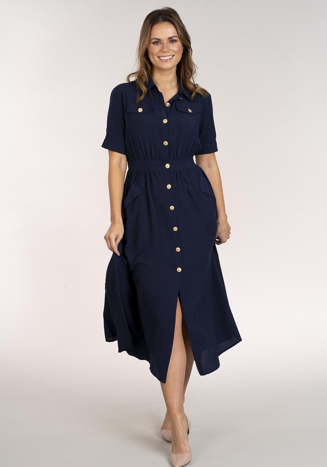 Naoise Short Sleeve Buttoned Dress - Navy 3 Shaws Department Stores