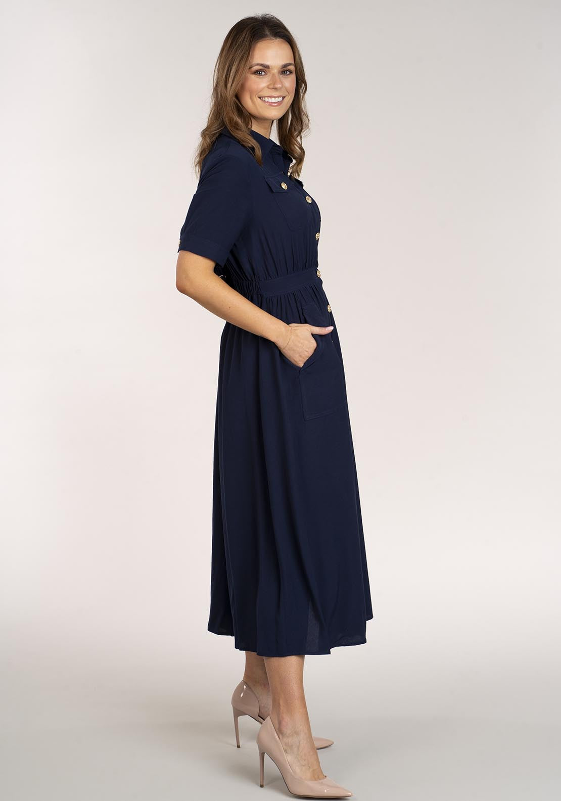 Naoise Short Sleeve Buttoned Dress - Navy 4 Shaws Department Stores