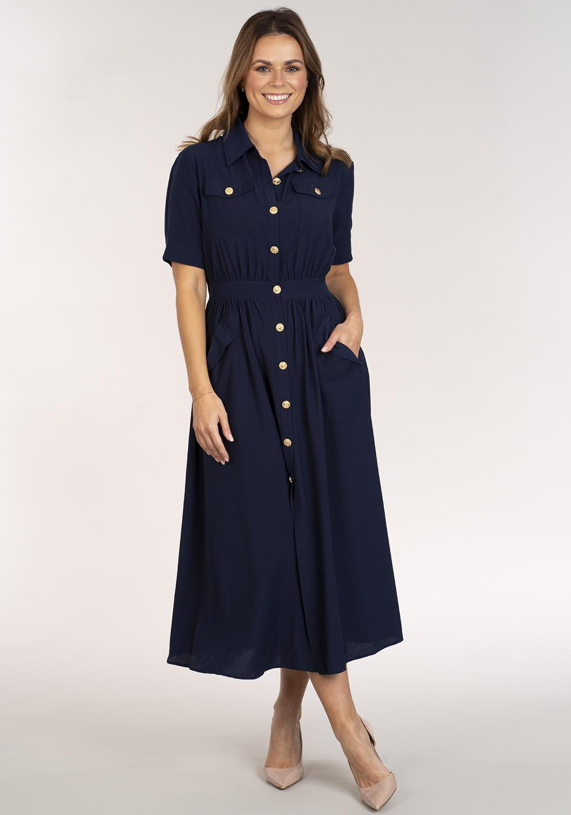 Naoise Short Sleeve Buttoned Dress - Navy 5 Shaws Department Stores