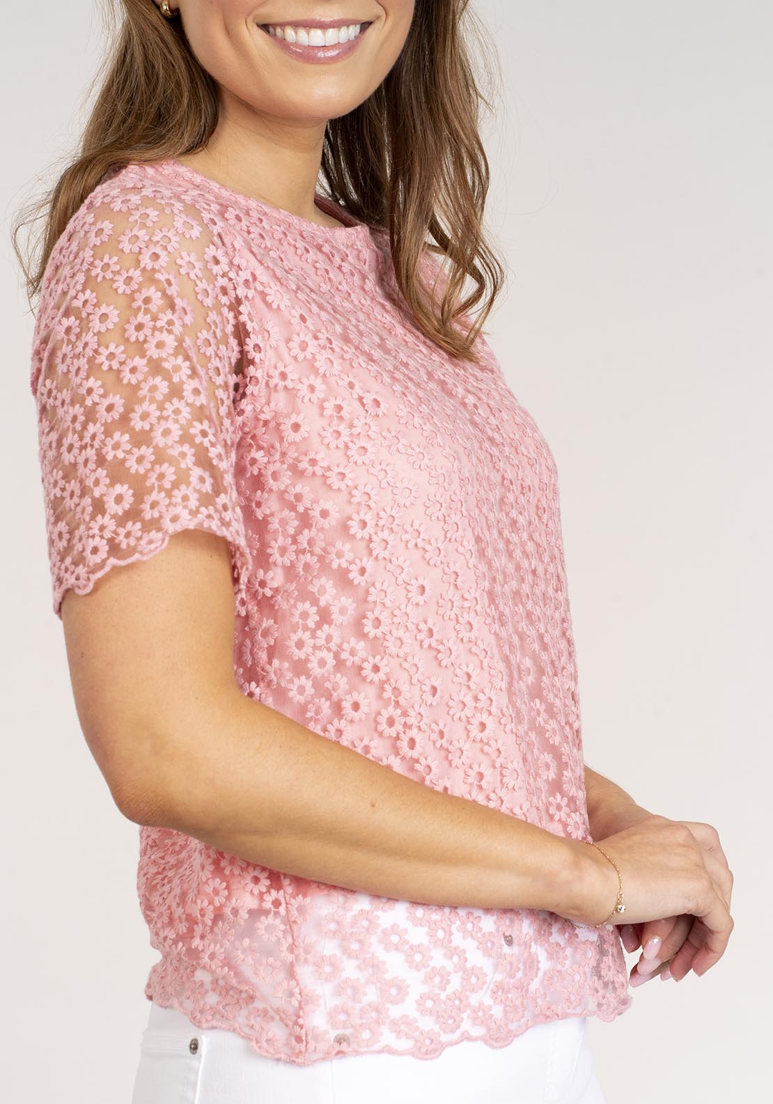 Naoise Short Sleeve Lace Top - Pink 6 Shaws Department Stores
