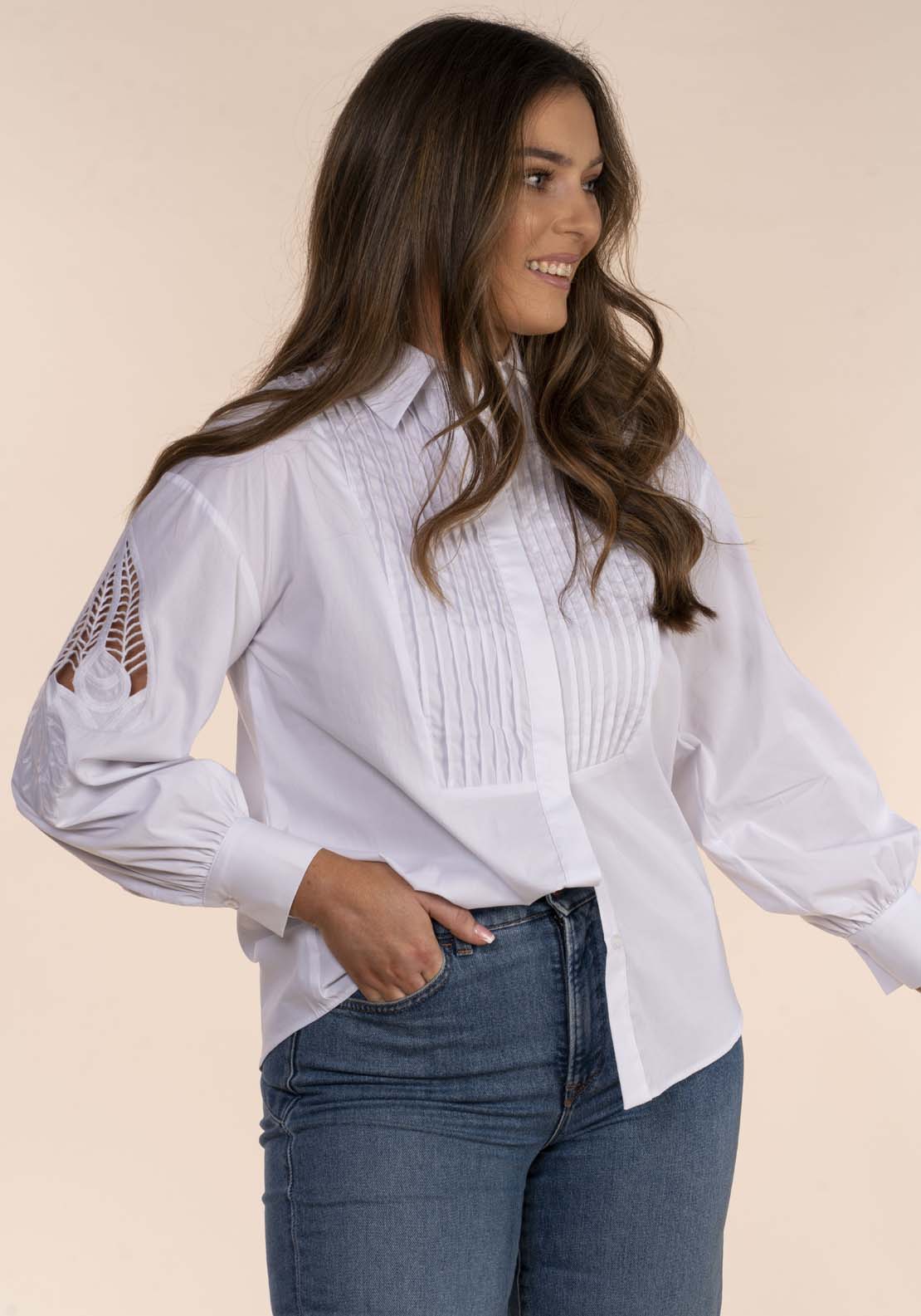 Naoise Embroidered Sleeve Blouse - White 1 Shaws Department Stores