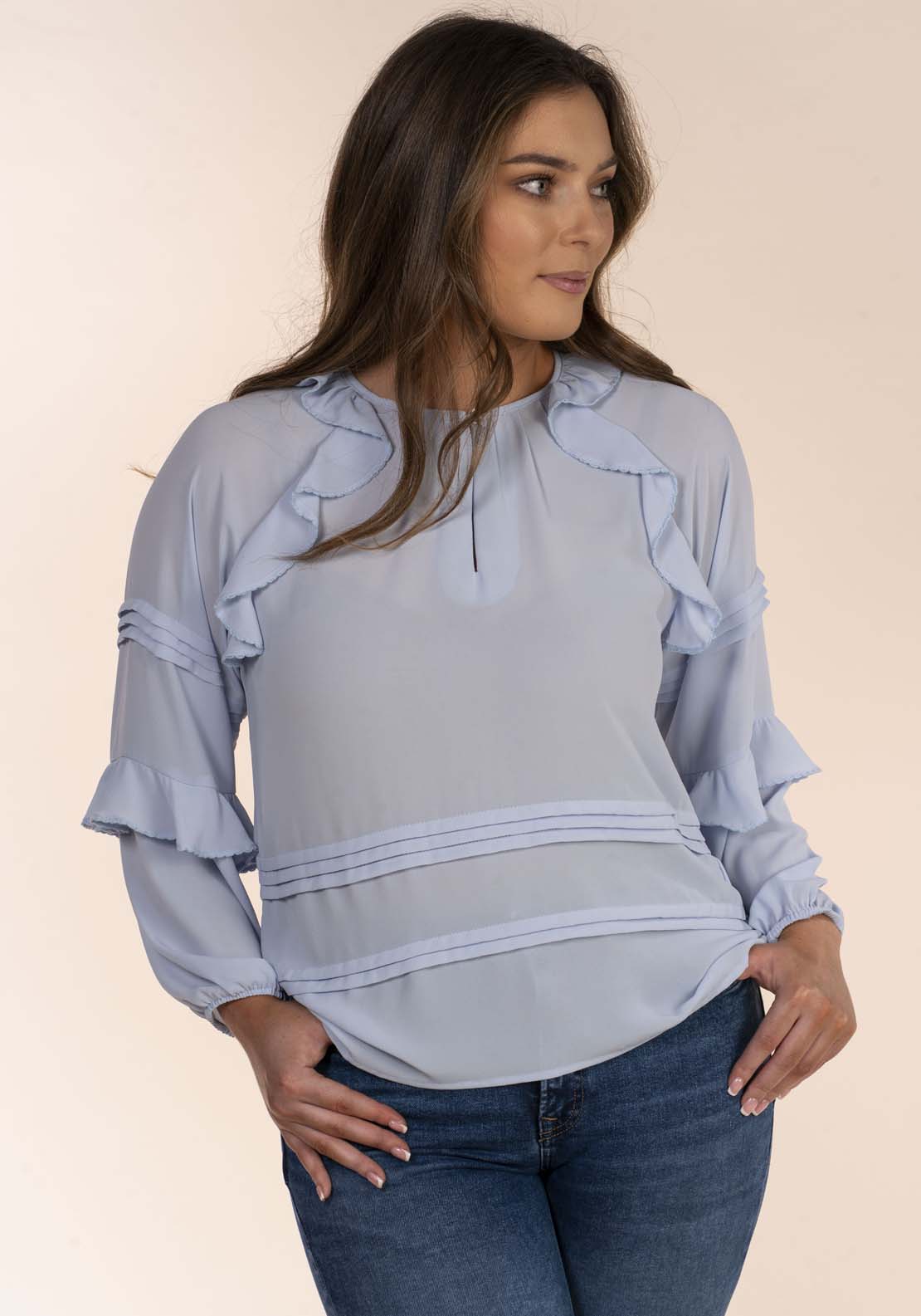 Naoise Romantic Ruffle Blouse - Blue 1 Shaws Department Stores