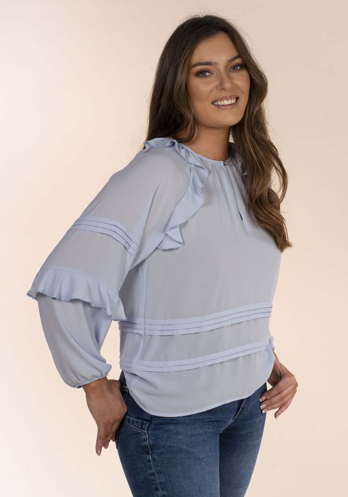 Naoise Romantic Ruffle Blouse - Blue 2 Shaws Department Stores