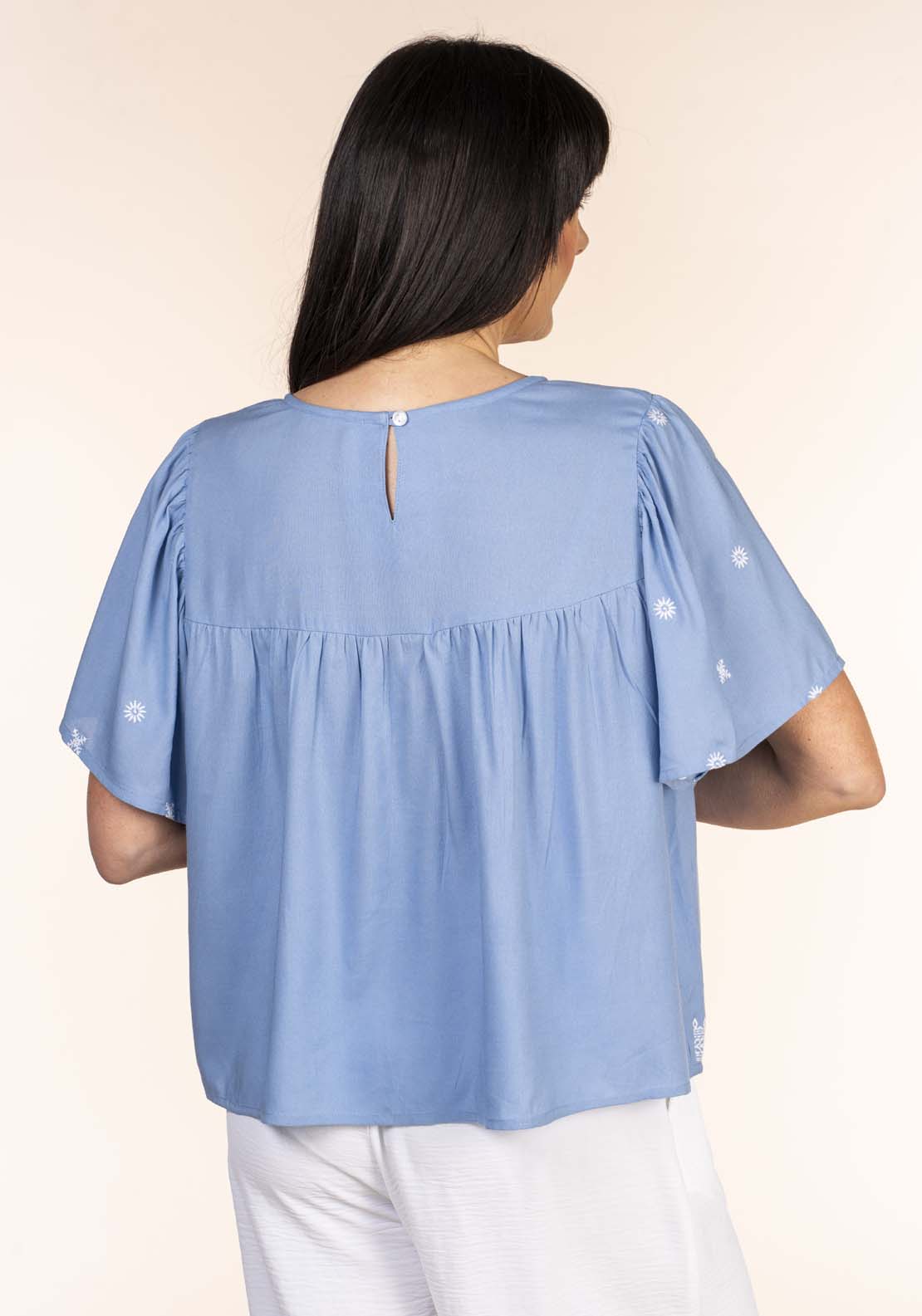 Naoise Embroidred Yoke Blouse - Blue 5 Shaws Department Stores