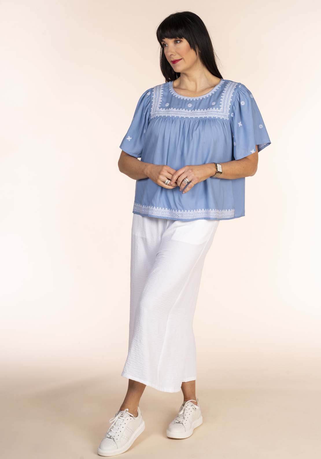 Naoise Embroidred Yoke Blouse - Blue 4 Shaws Department Stores