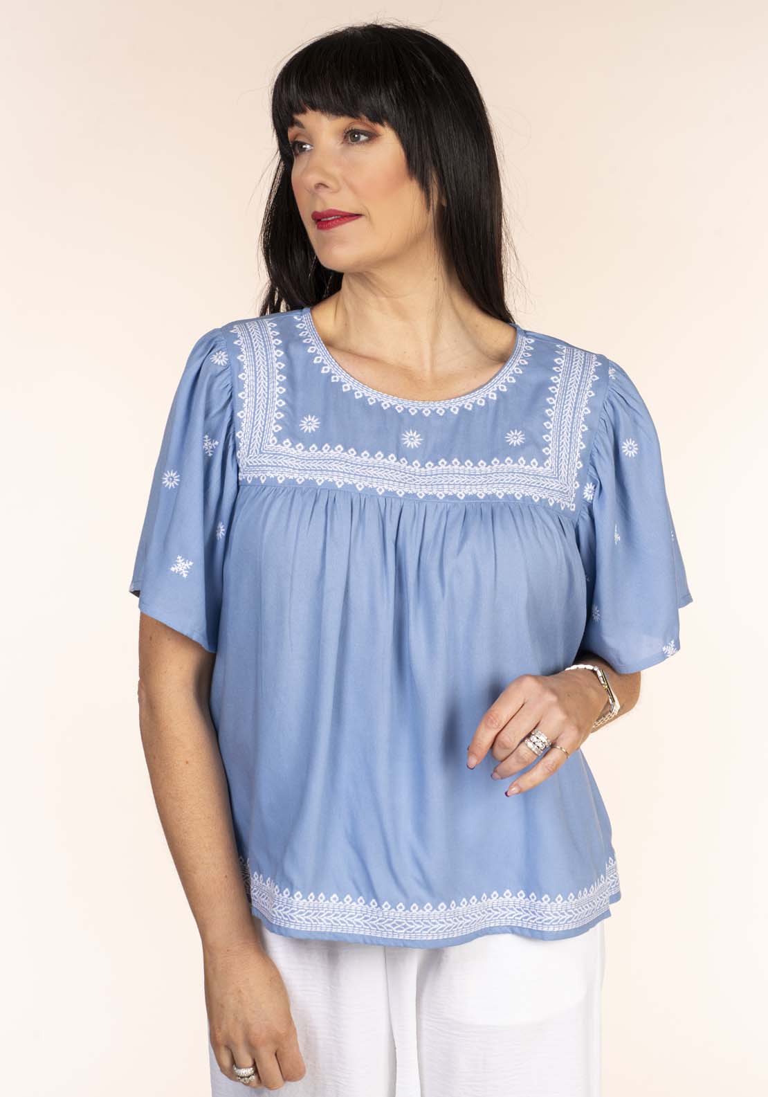 Naoise Embroidred Yoke Blouse - Blue 2 Shaws Department Stores